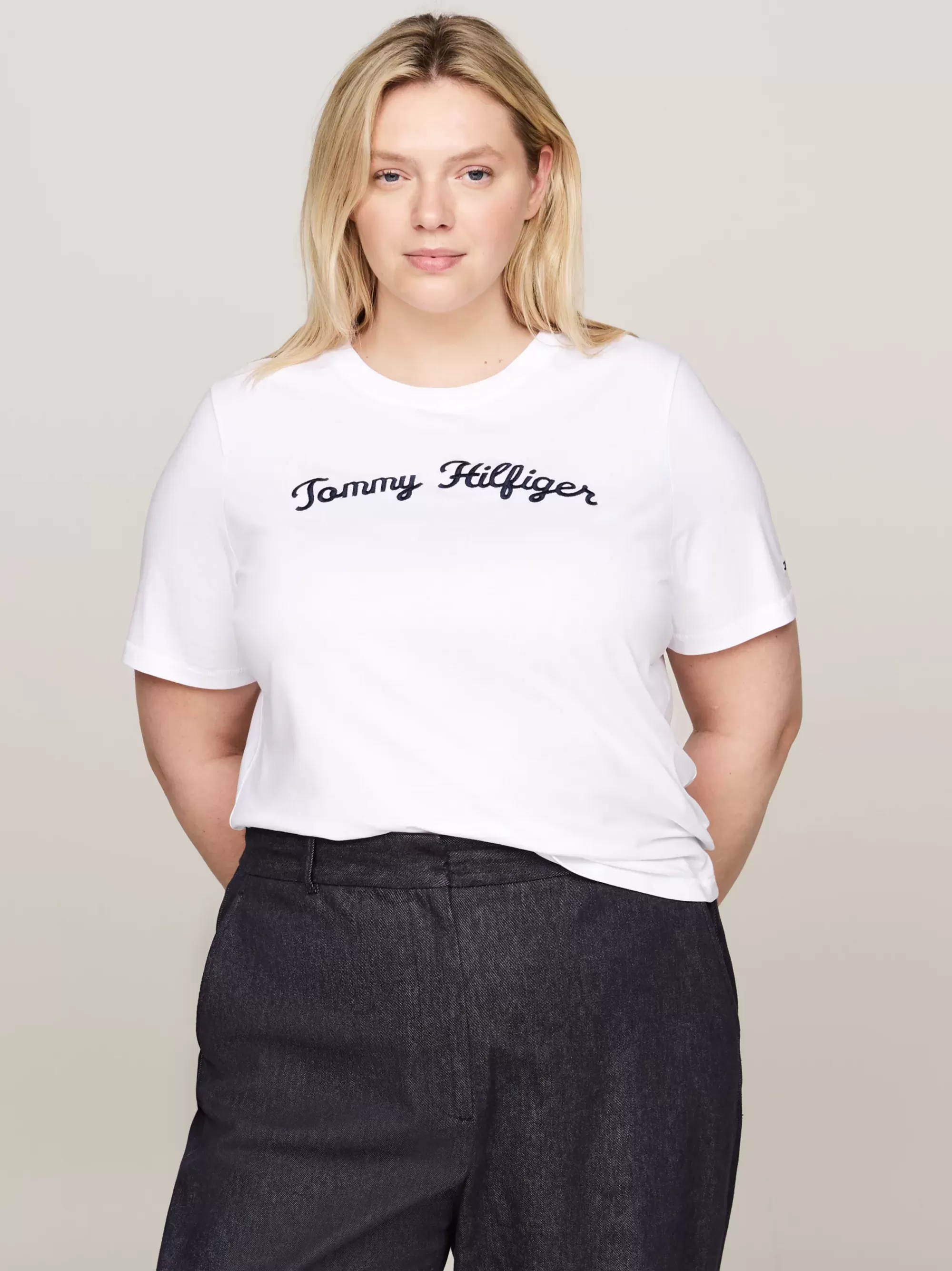 Curve Mode & Inclusieve Maten | T-Shirts*Tommy Hilfiger Curve T-shirt Met Geborduurd Scriptlogo TH OPTIC WHITE