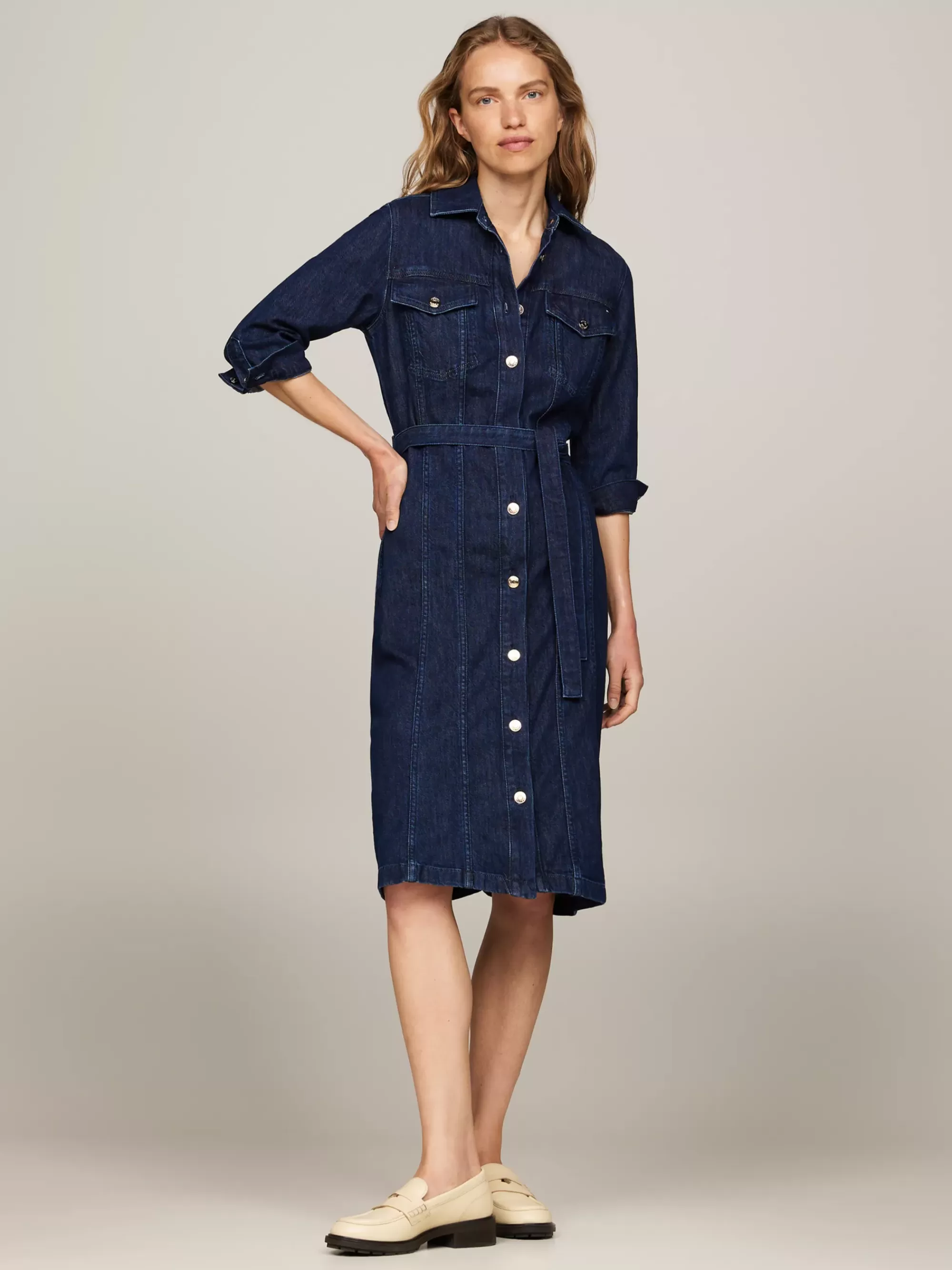 Jurken*Tommy Hilfiger Denim Midi-jurk Met Riem CLER