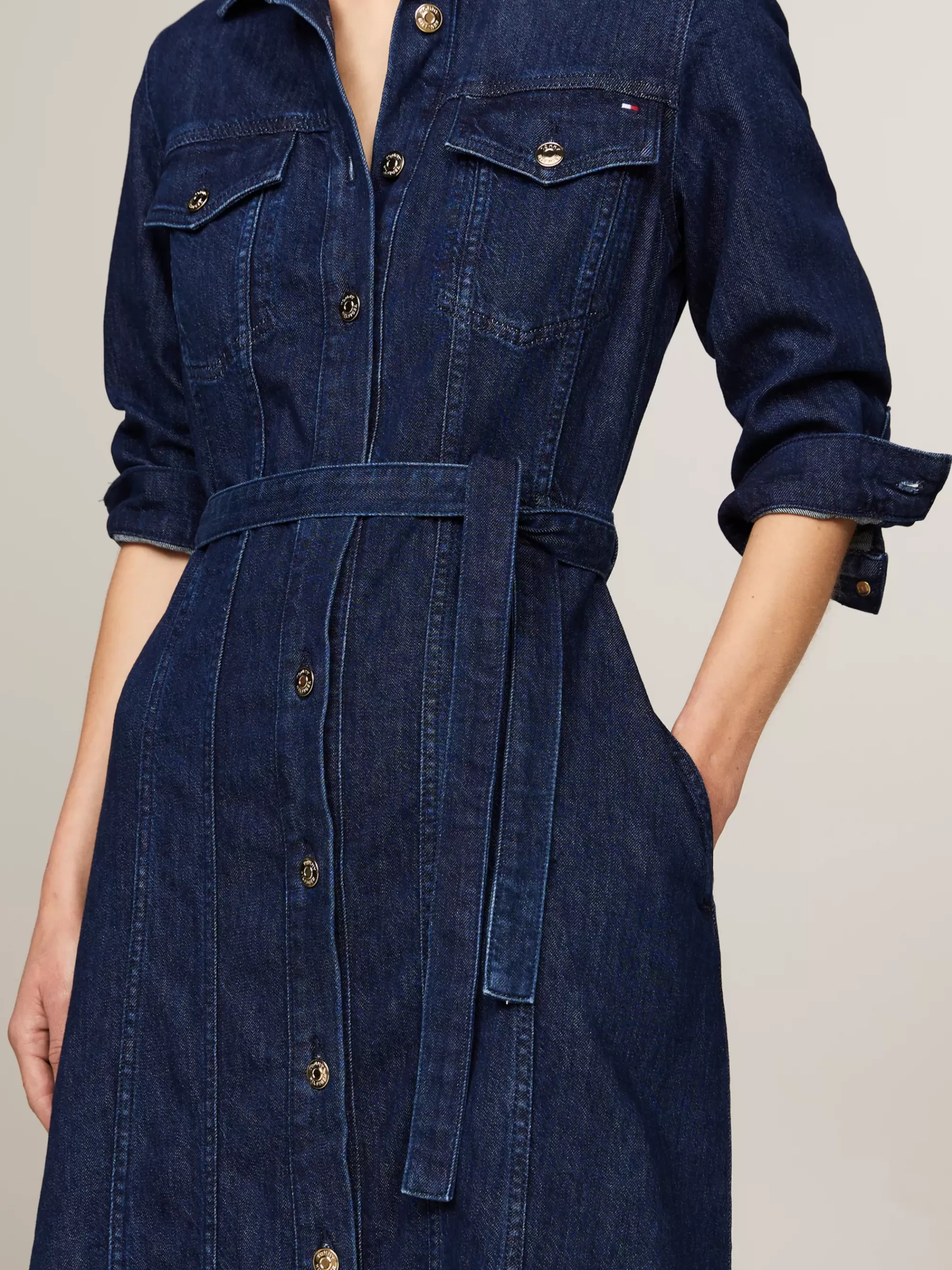 Jurken*Tommy Hilfiger Denim Midi-jurk Met Riem CLER