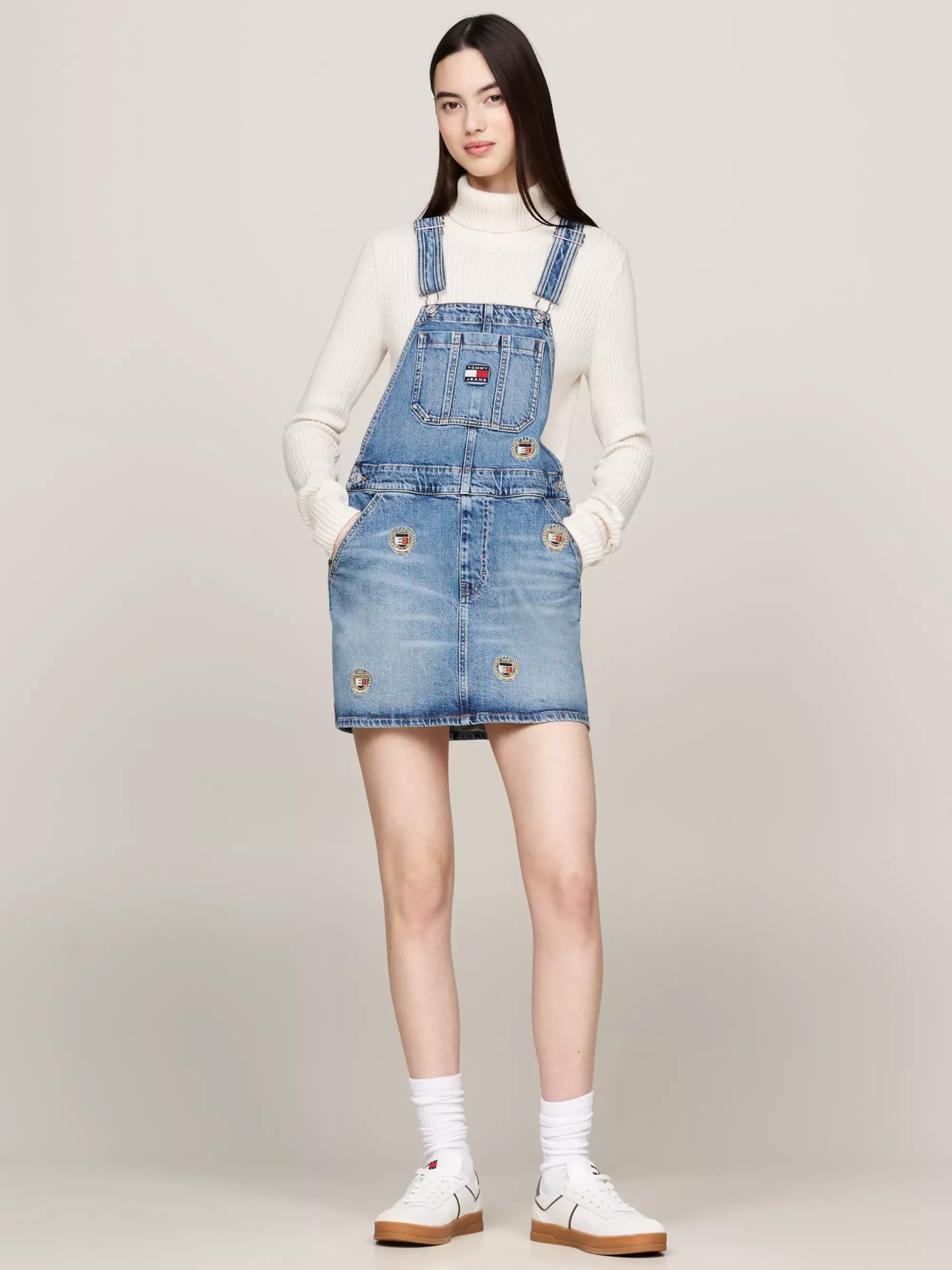Jurken*Tommy Hilfiger Denim Mini Dungaree-jurk Met Emblemen DENIM MEDIUM