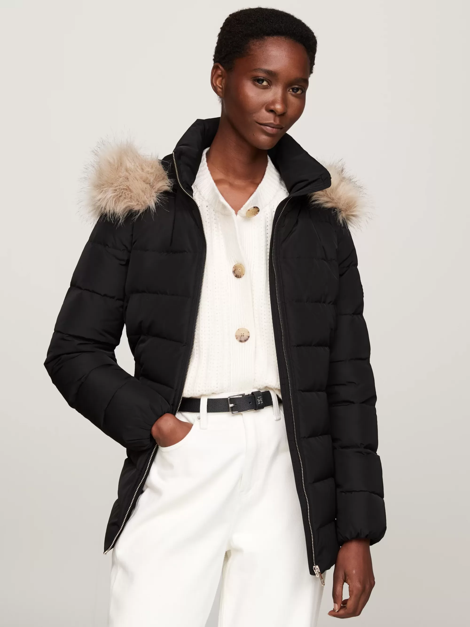 Jassen & Jacks*Tommy Hilfiger Donsjack Met Imitatiebont Op De Capuchon BLACK