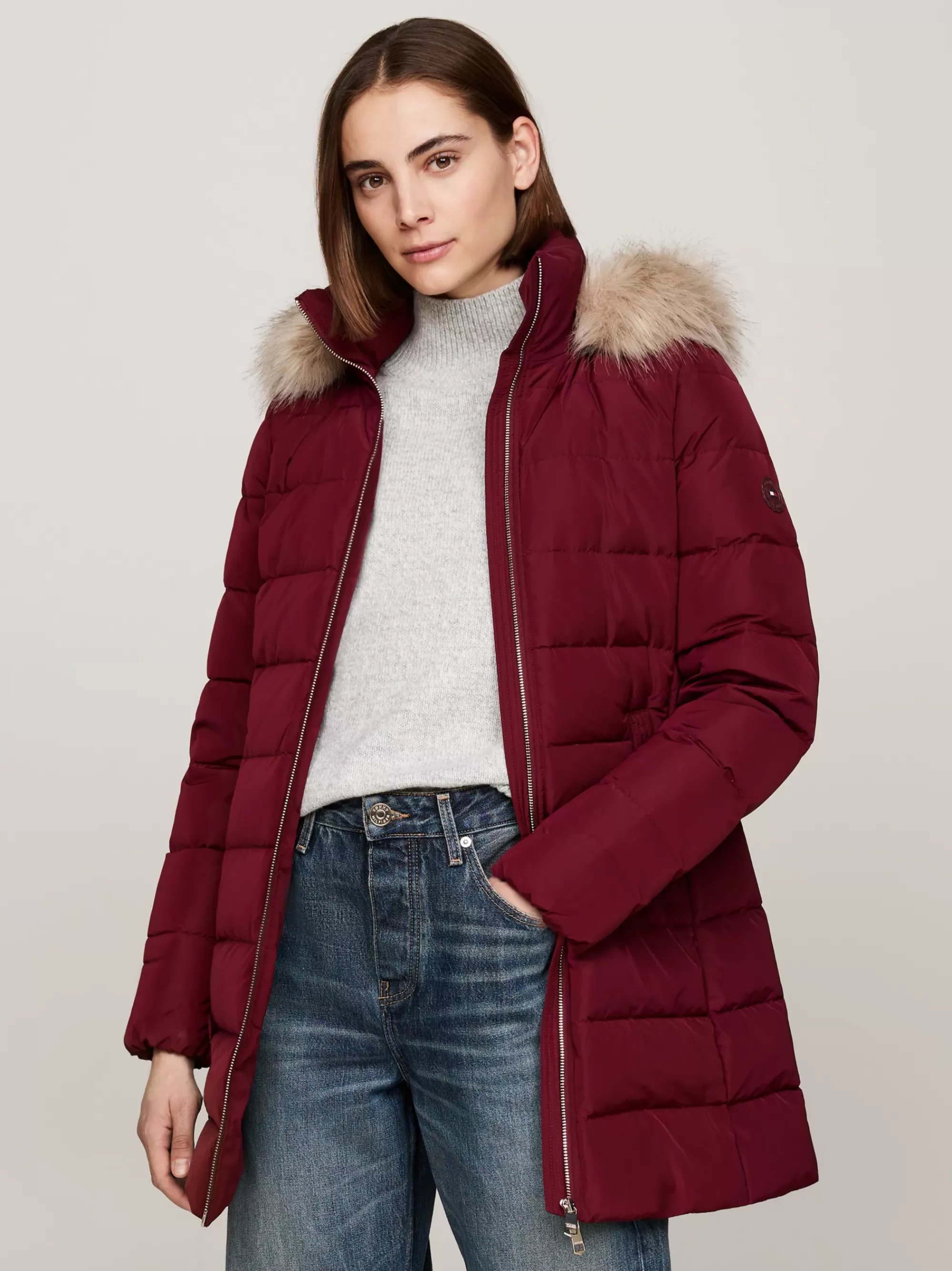 Jassen & Jacks*Tommy Hilfiger Donsjas Met Capuchon Met Imitatiebont DEEP ROUGE