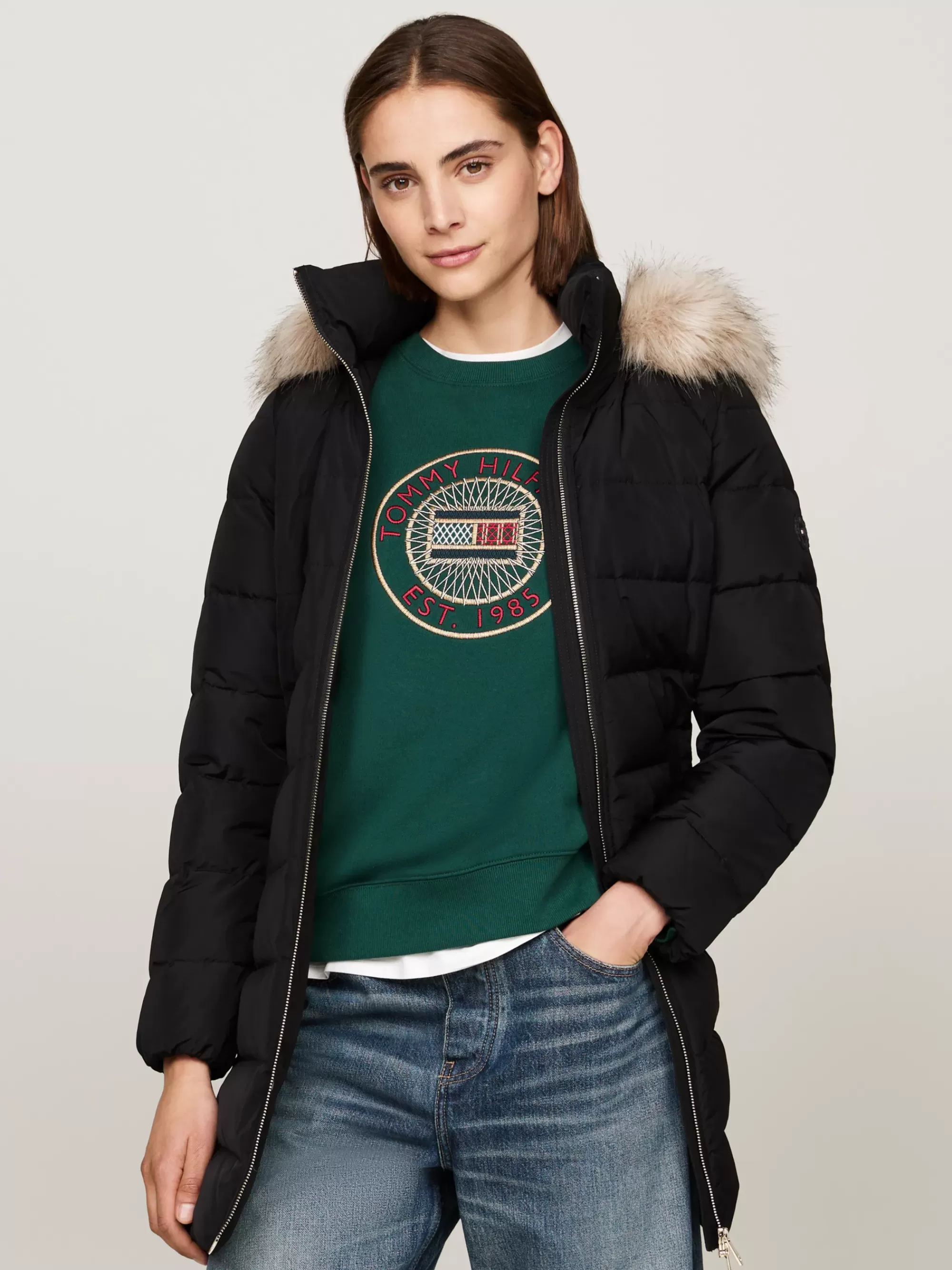 Jassen & Jacks*Tommy Hilfiger Donsjas Met Capuchon Met Imitatiebont BLACK