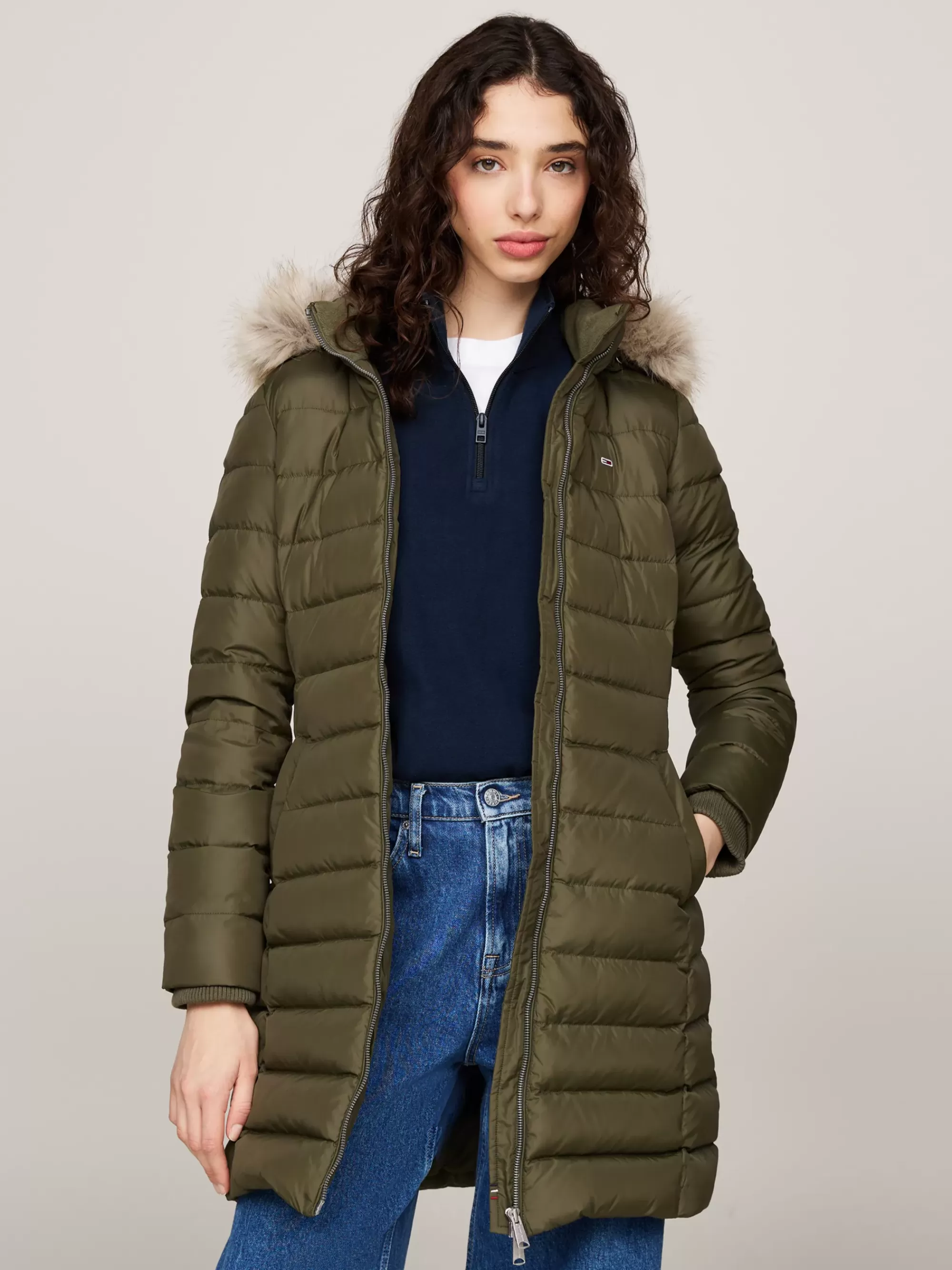 Jassen & Jacks*Tommy Hilfiger Donsjas Met Capuchon Met Imitatiebont FATIGUE GREEN