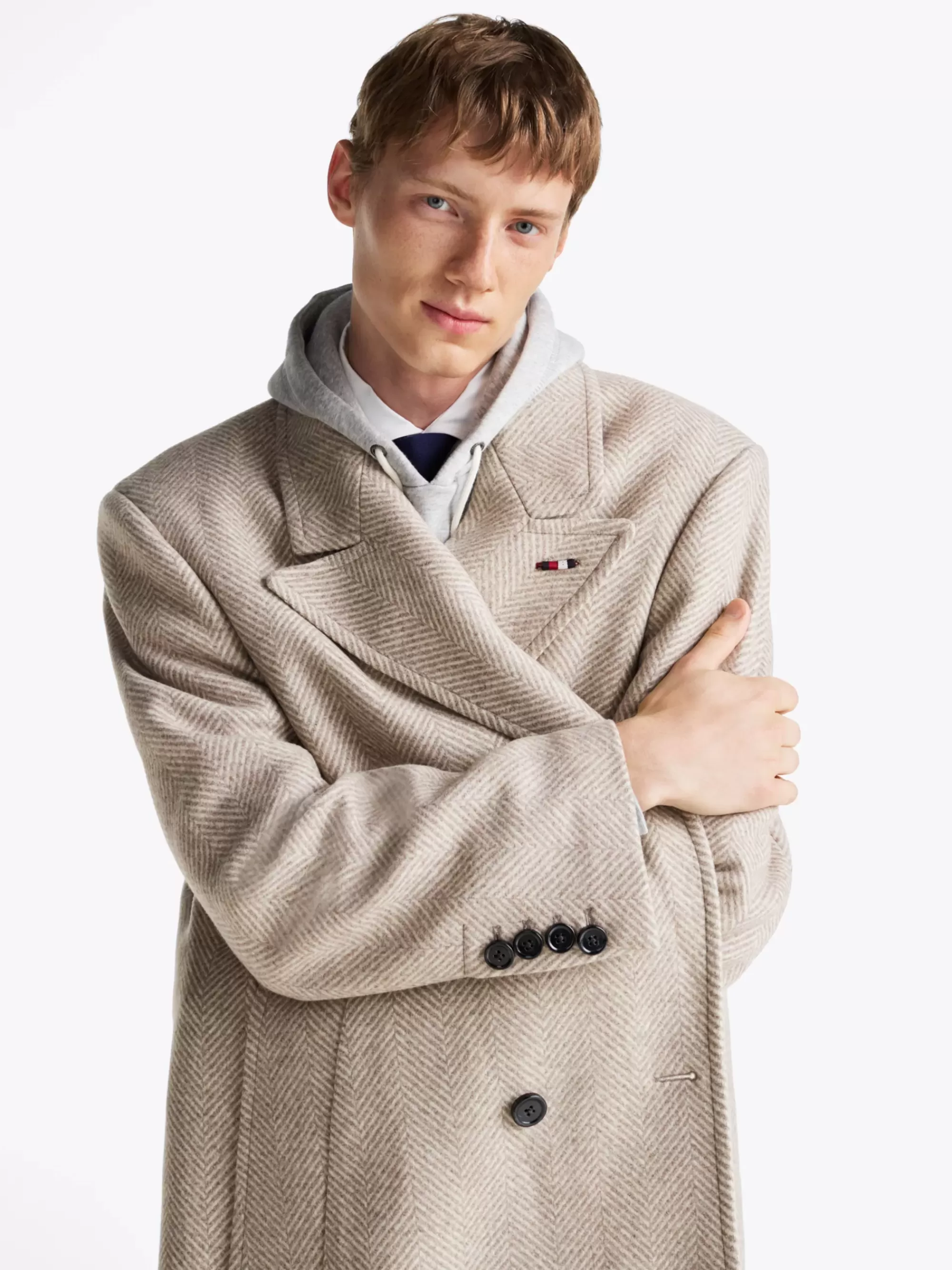 Jassen & Jacks*Tommy Hilfiger Double-breasted Jas Met Visgraatweving BEIGE
