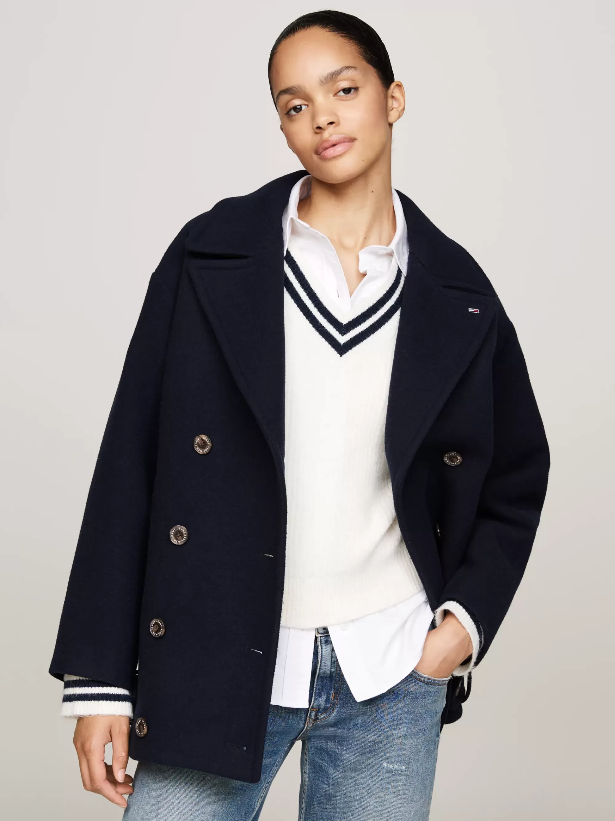 Jassen & Jacks*Tommy Hilfiger Double-breasted Jas Van Wolmix DARK NIGHT NAVY