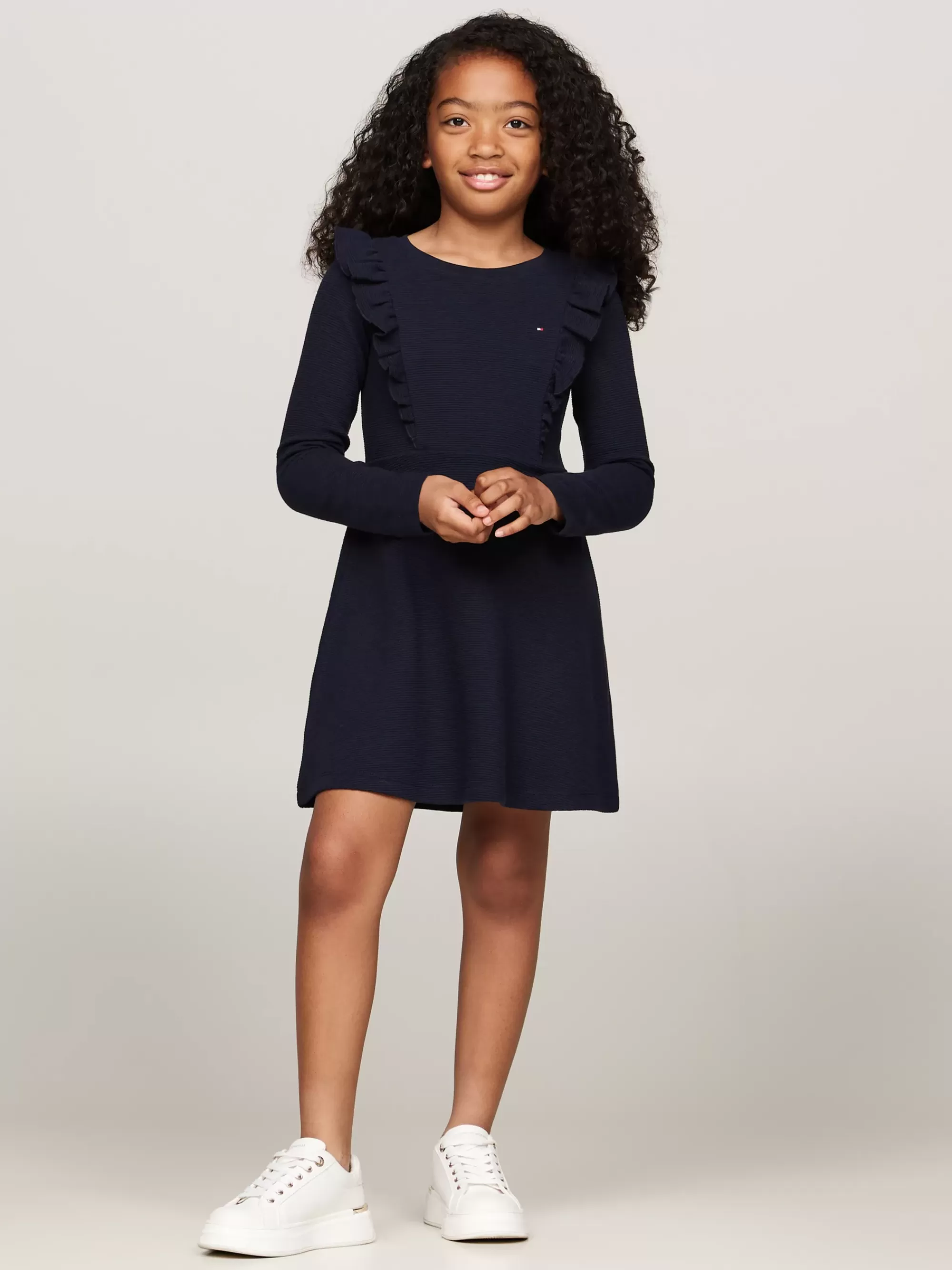 Jurken*Tommy Hilfiger Fit And Flare Jurk Met Lange Mouwen En Ruches DESERT SKY