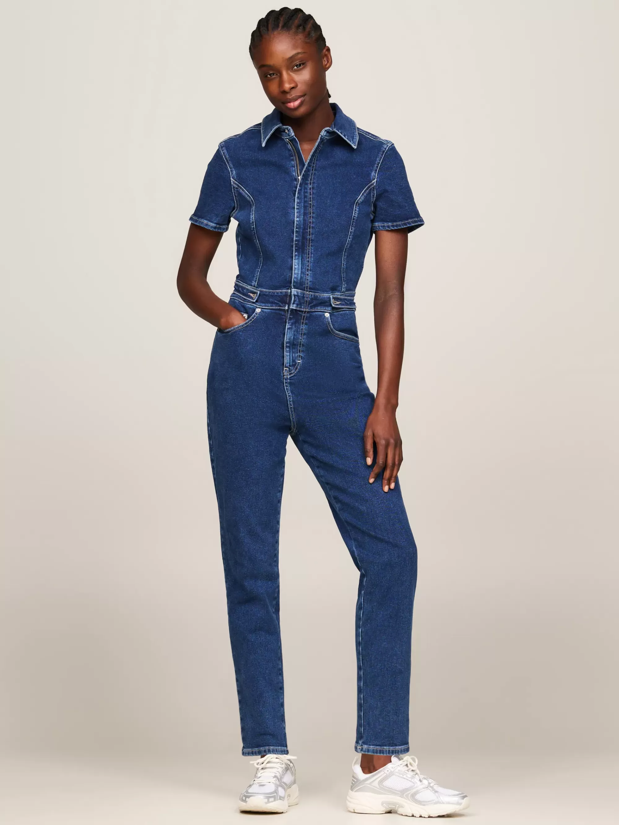Jurken*Tommy Hilfiger Fitted Denim Jumpsuit Met Korte Mouw DENIM MEDIUM