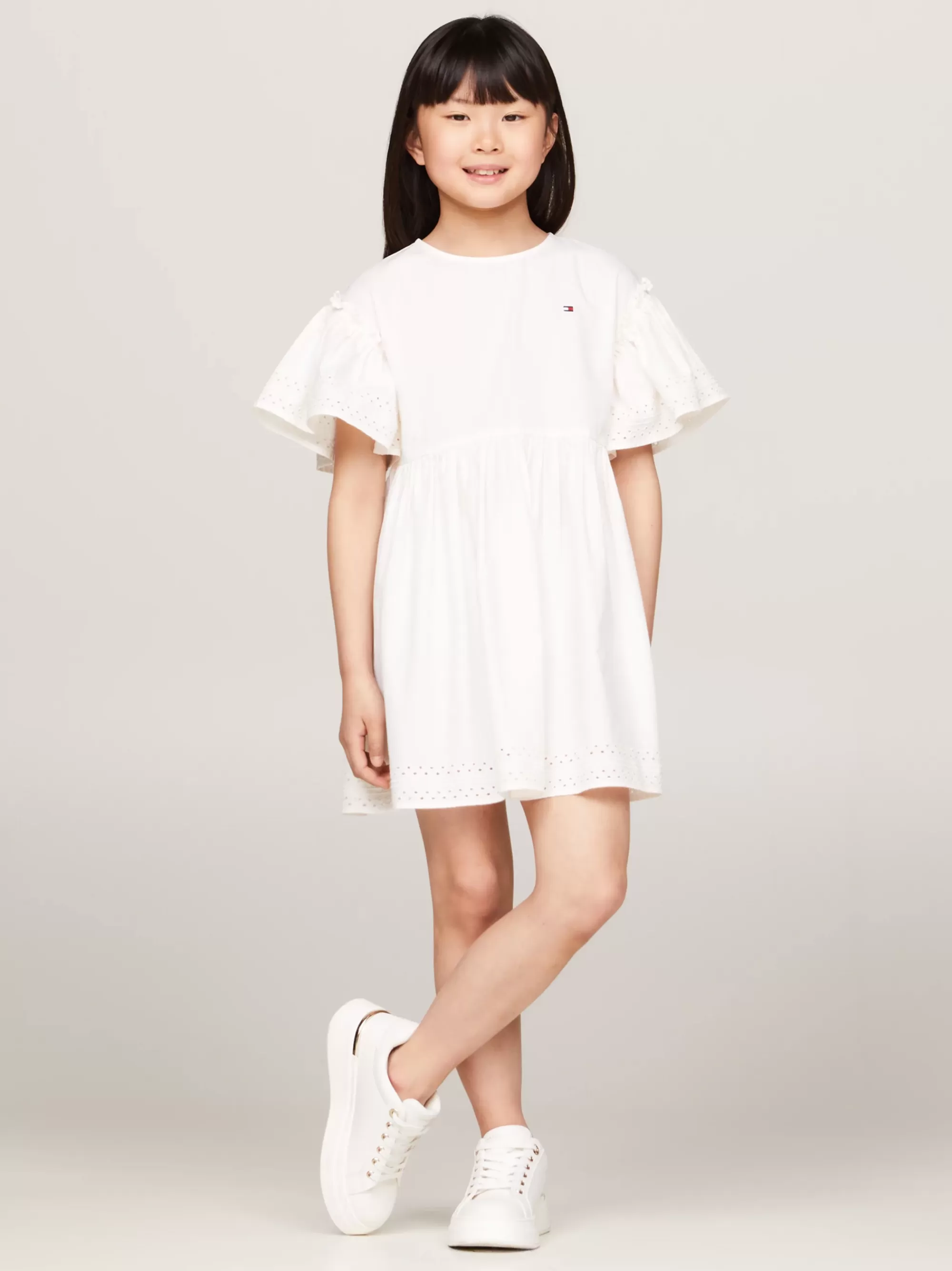 Jurken*Tommy Hilfiger Flare Jurk Met Klokmouwen En Broderie Anglaise ANCIENT WHITE