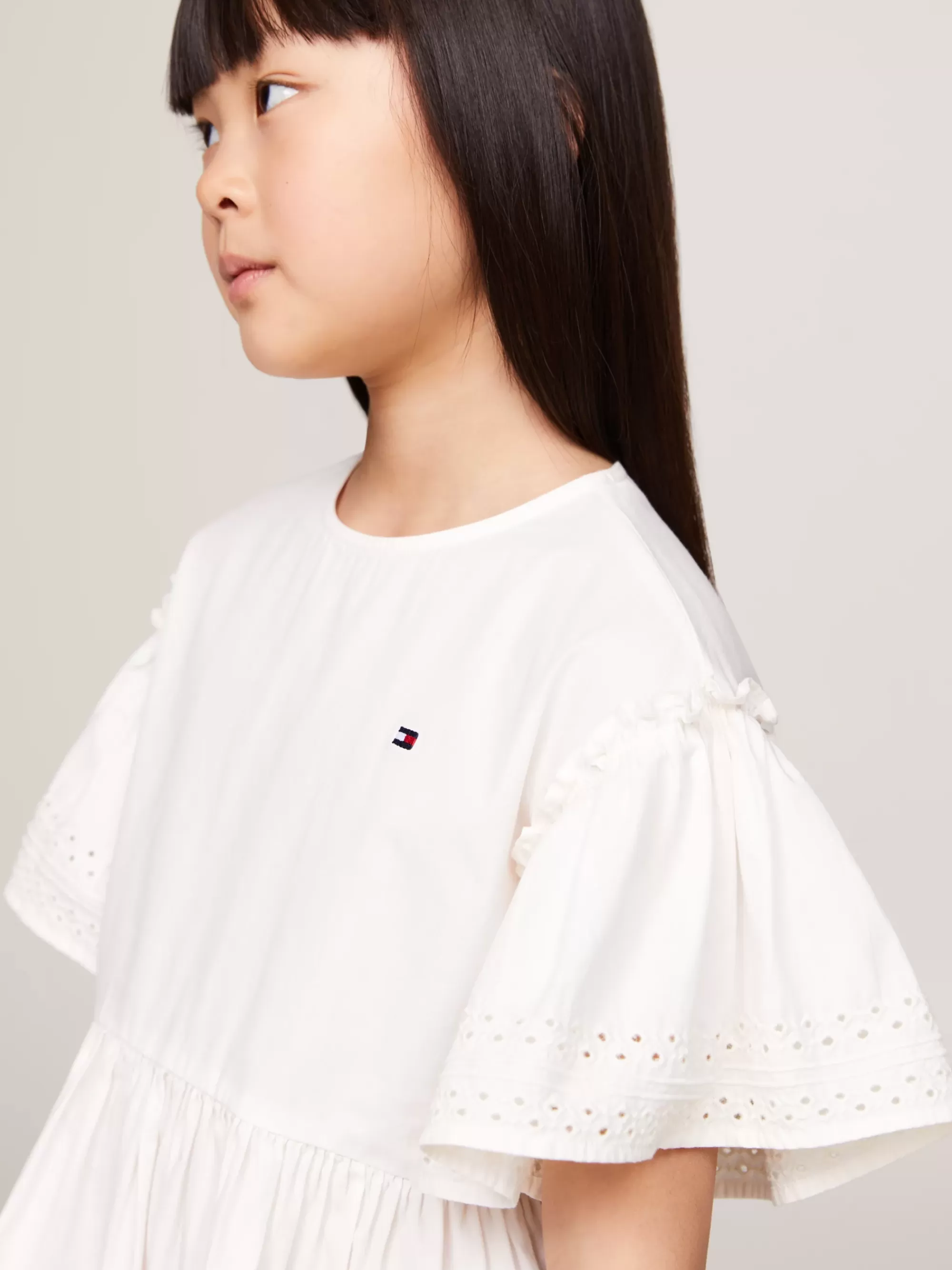 Jurken*Tommy Hilfiger Flare Jurk Met Klokmouwen En Broderie Anglaise ANCIENT WHITE