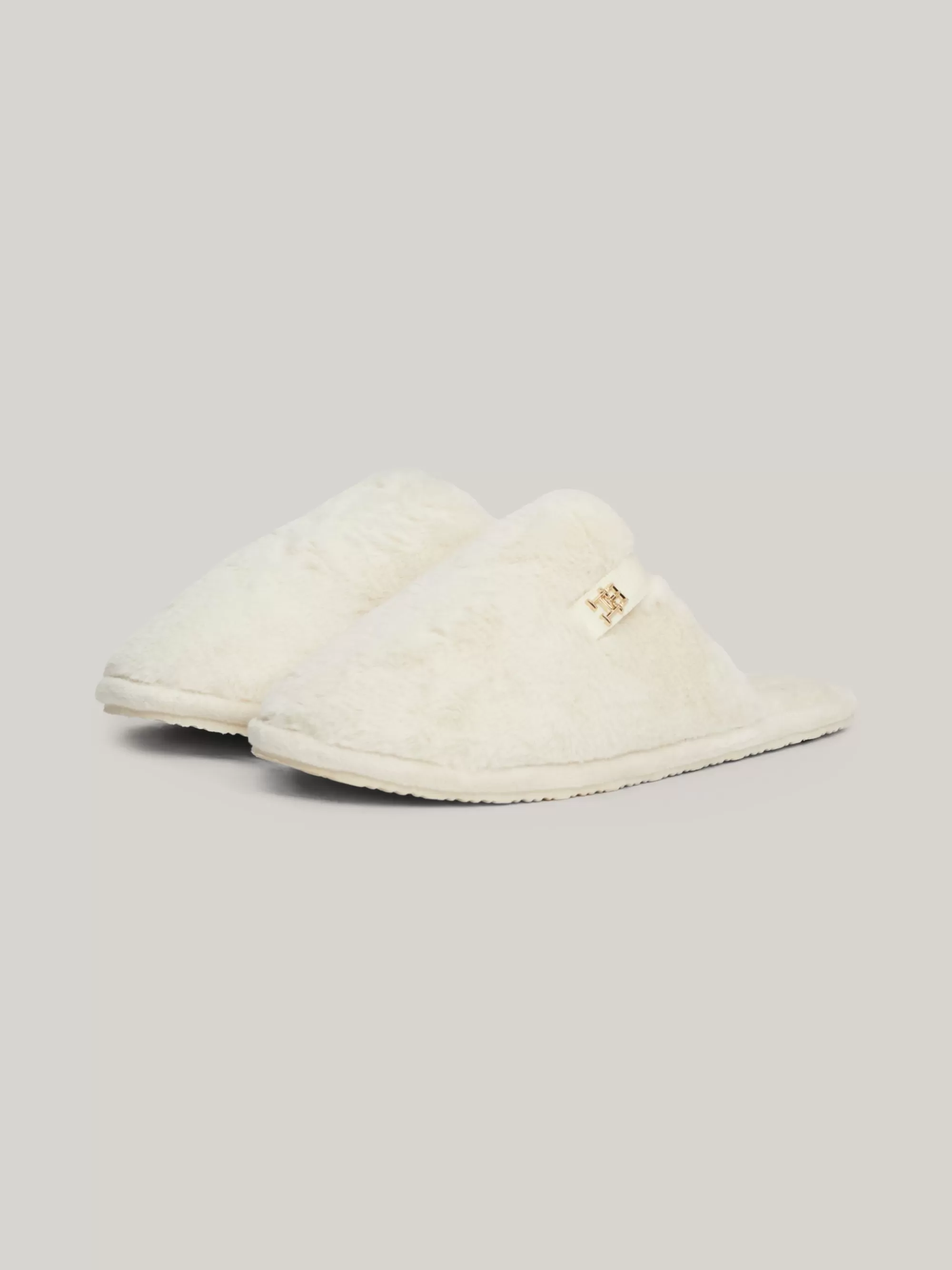 Platte Schoenen*Tommy Hilfiger Fleece Pantoffel Met Metalen TH-monogram ANCIENT WHITE