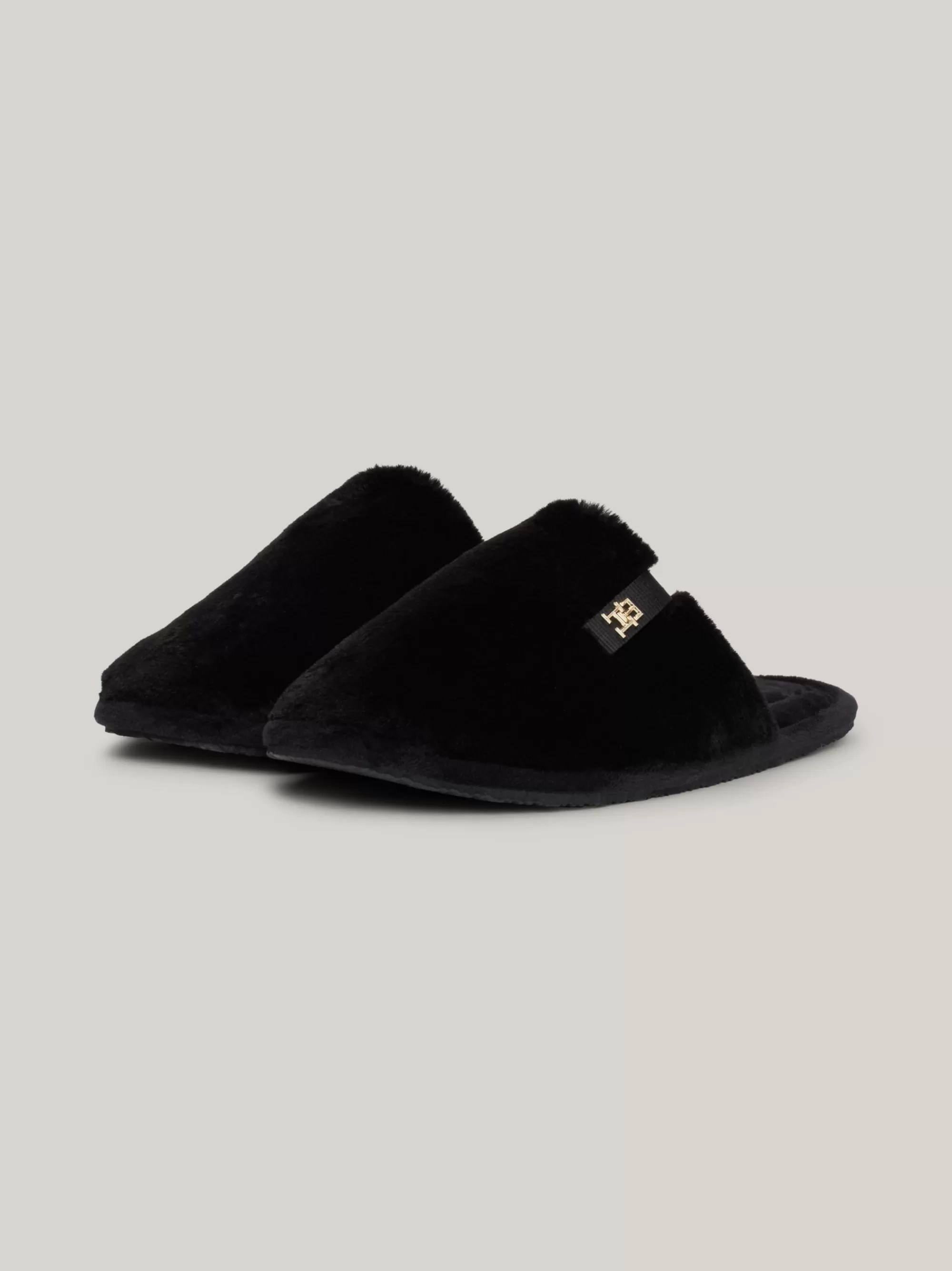 Platte Schoenen*Tommy Hilfiger Fleece Pantoffel Met Metalen TH-monogram BLACK