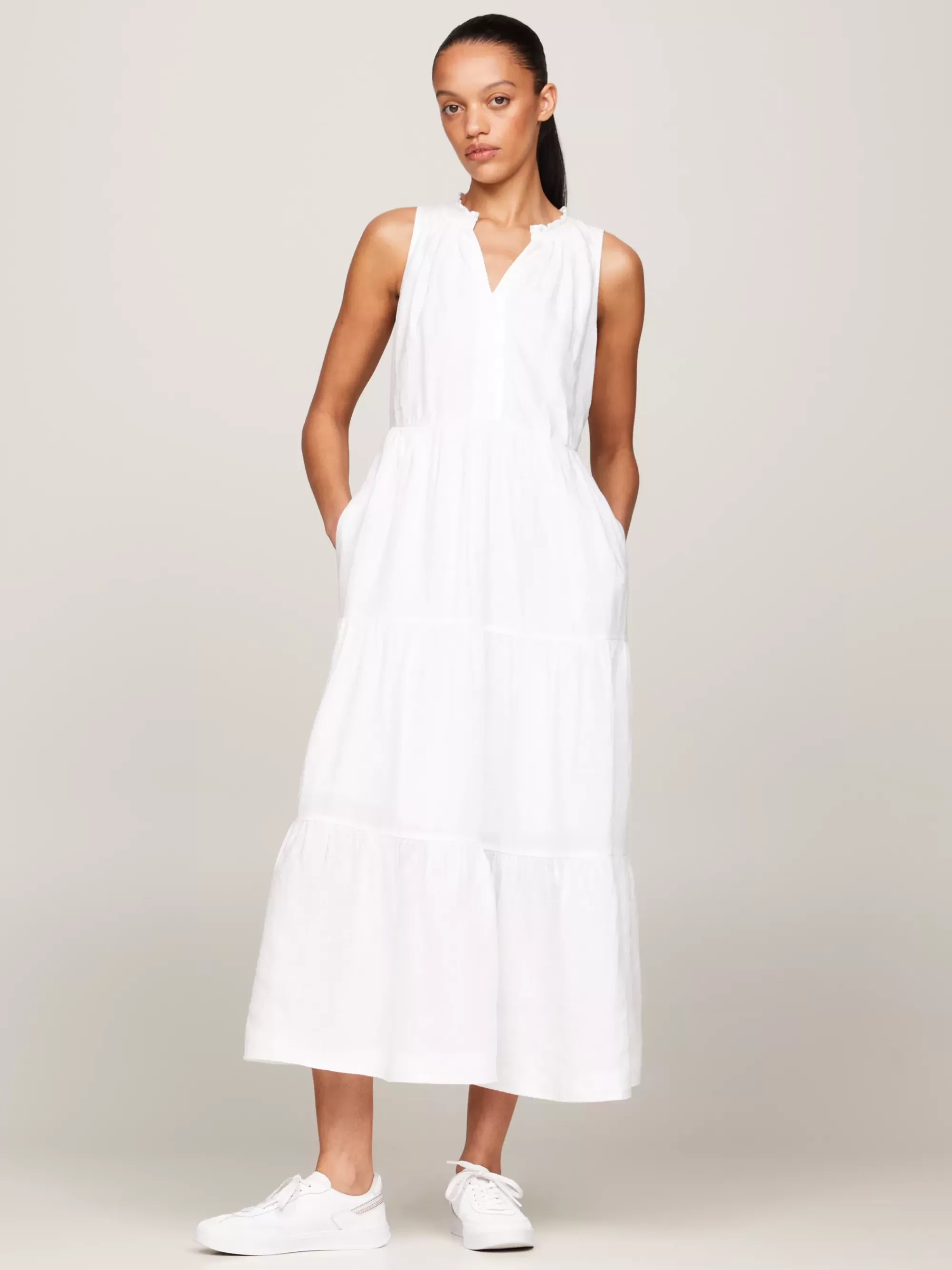 Jurken*Tommy Hilfiger Gelaagde Mouwloze Linnen Maxi-jurk TH OPTIC WHITE