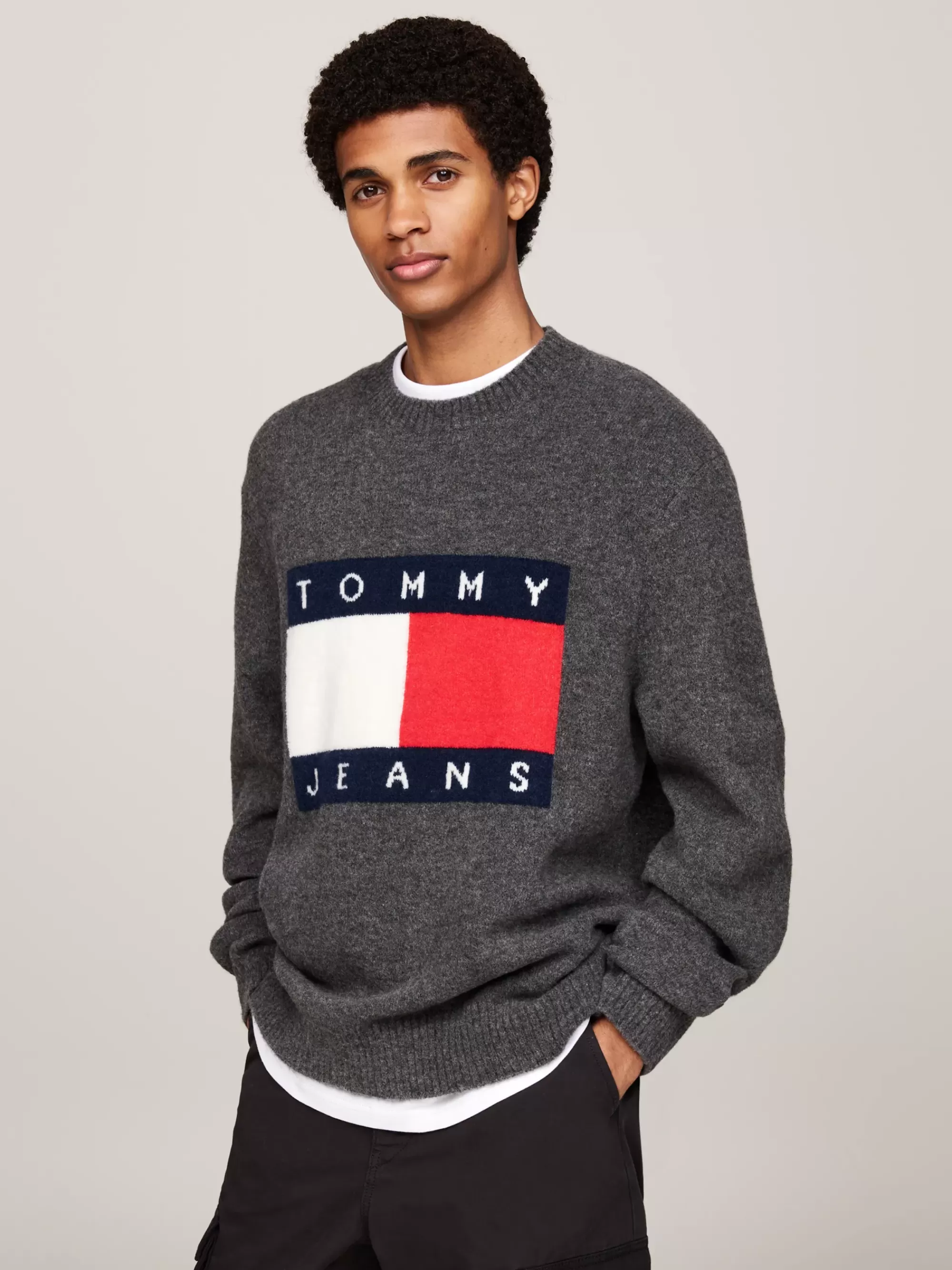 Truien Met Ronde Hals | Truien*Tommy Hilfiger Gemêleerde Wolmix Trui Met Vlagbadge NEW CHARCOAL MELANGE