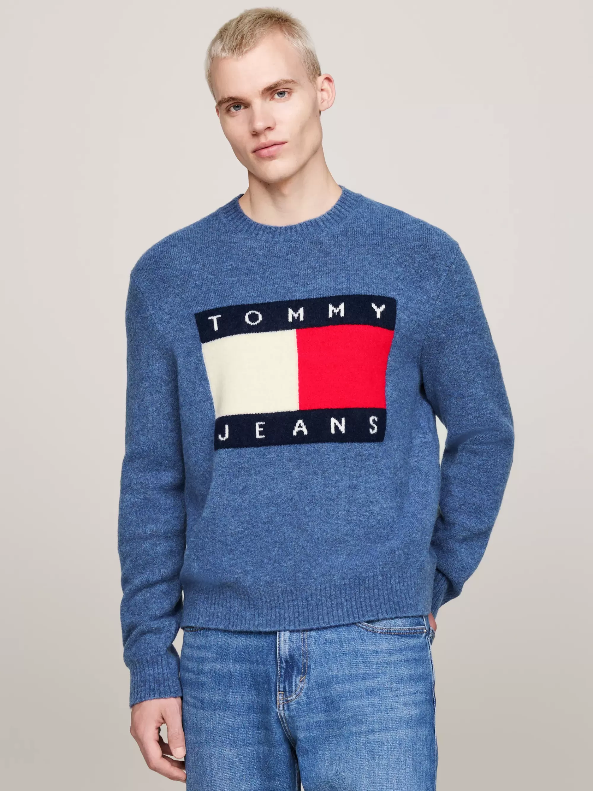 Truien Met Ronde Hals | Truien & Vesten*Tommy Hilfiger Gemêleerde Wolmix Trui Met Vlagbadge BRIGHT BLUE MELANGE