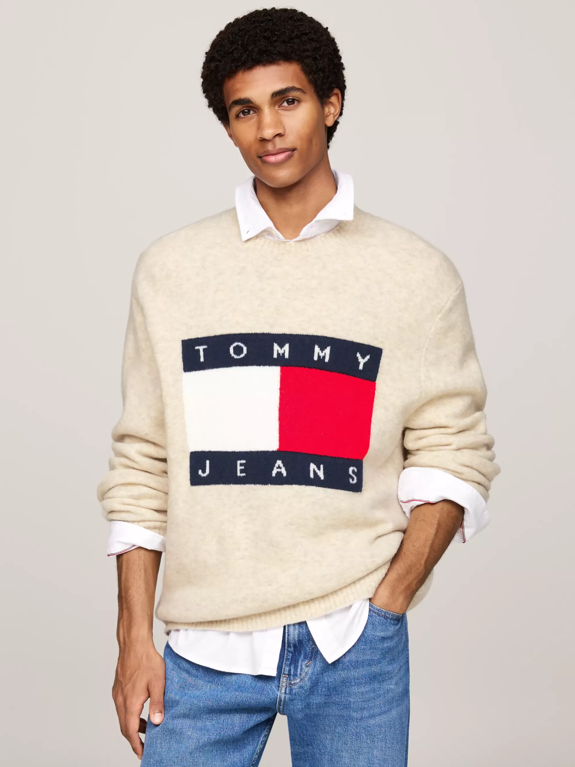 Truien Met Ronde Hals | Truien*Tommy Hilfiger Gemêleerde Wolmix Trui Met Vlagbadge NEWSPRINT MELANGE