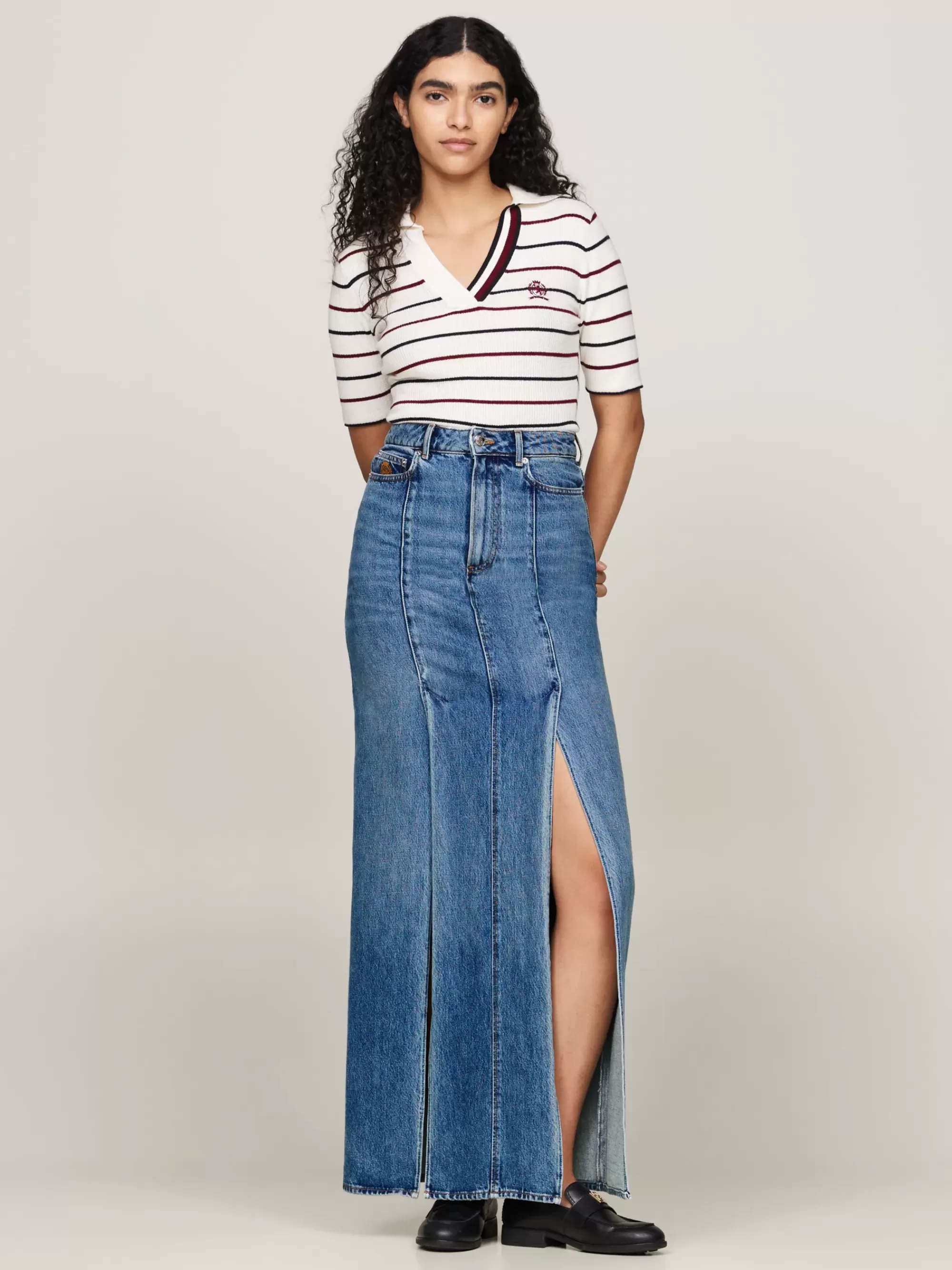 Rokken*Tommy Hilfiger Geplooide Denim Midirok Met Embleem WASHED BLUE