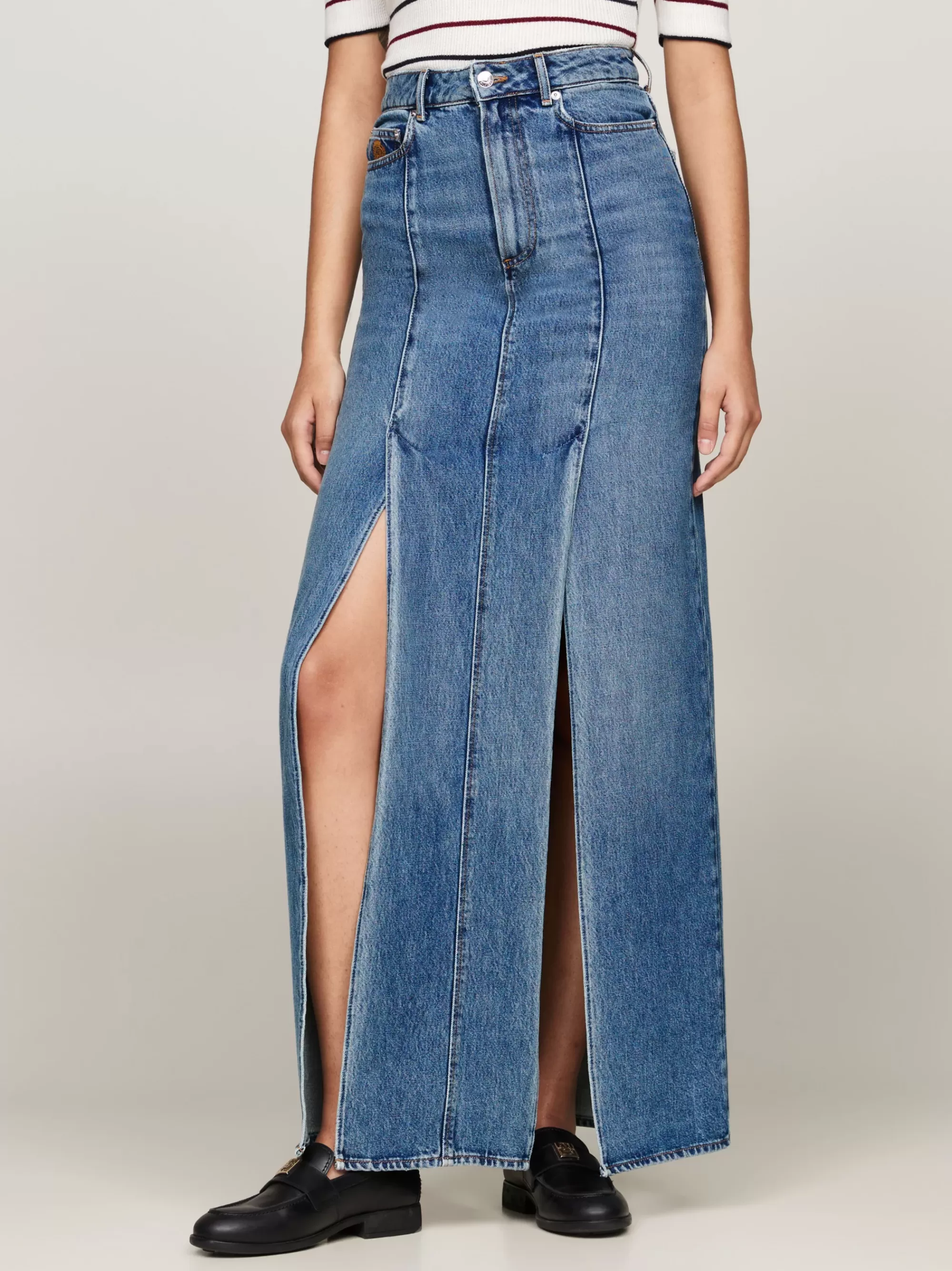 Rokken*Tommy Hilfiger Geplooide Denim Midirok Met Embleem WASHED BLUE