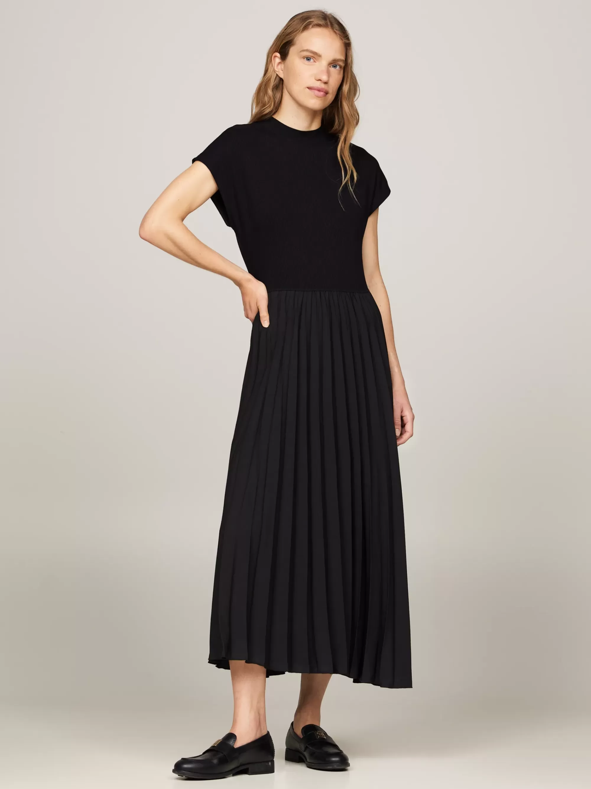 Jurken*Tommy Hilfiger Geplooide Midi-jurk Met Opstaande Hals BLACK