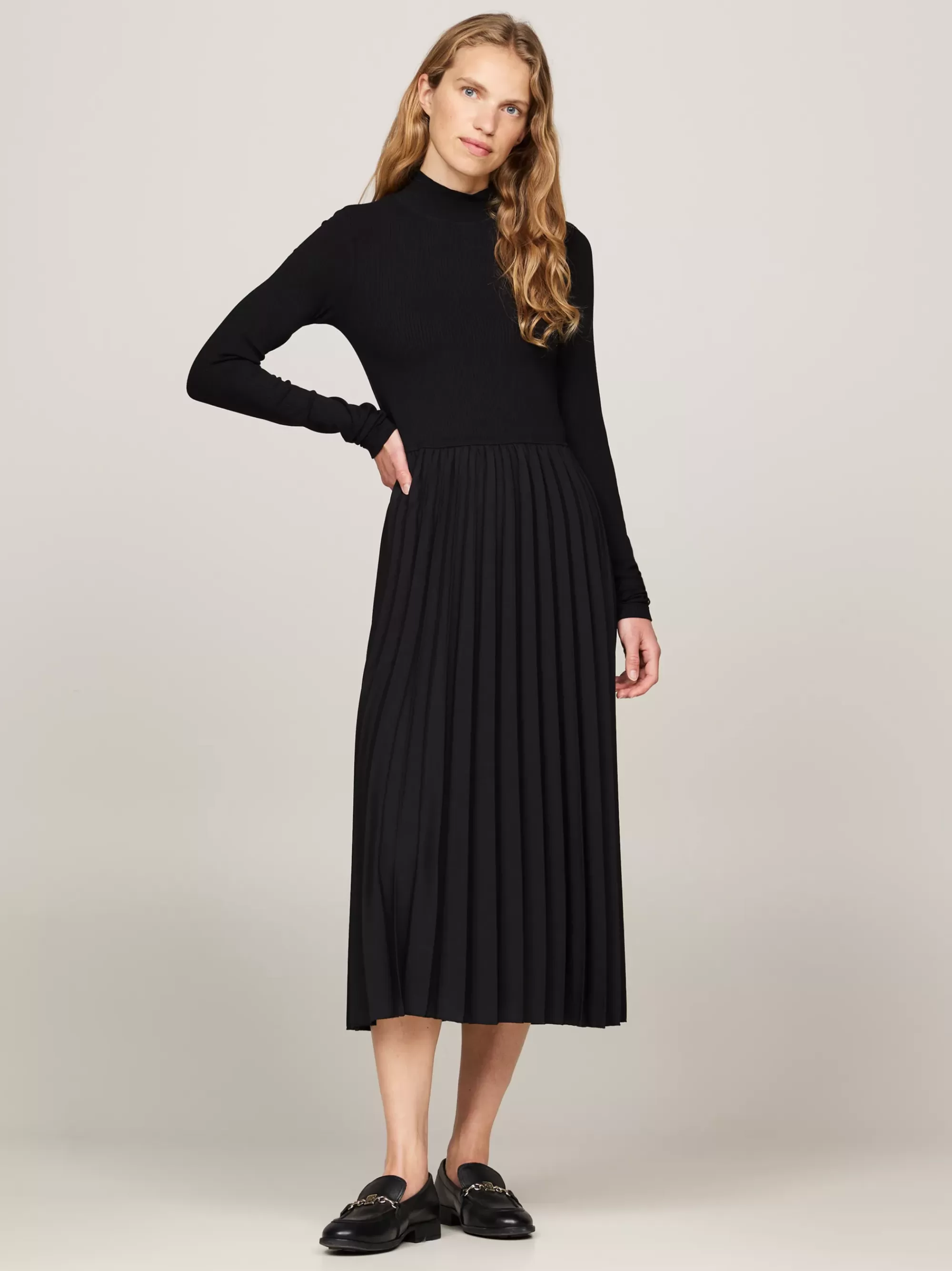 Jurken*Tommy Hilfiger Geplooide Midi-jurk Met Opstaande Hals BLACK