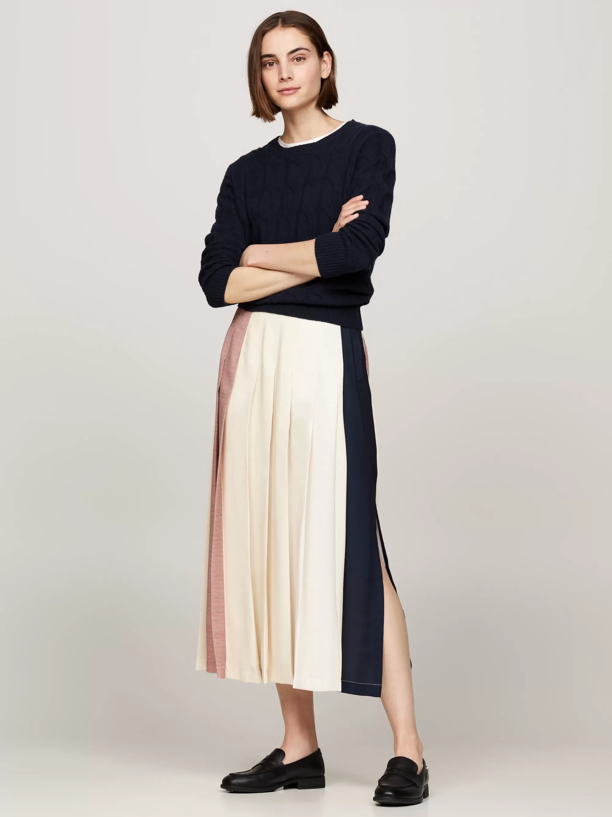 Rokken*Tommy Hilfiger Geplooide Midirok Met Signature-streep LADDER L OWGLOBAL STP/ CTRY IVORY