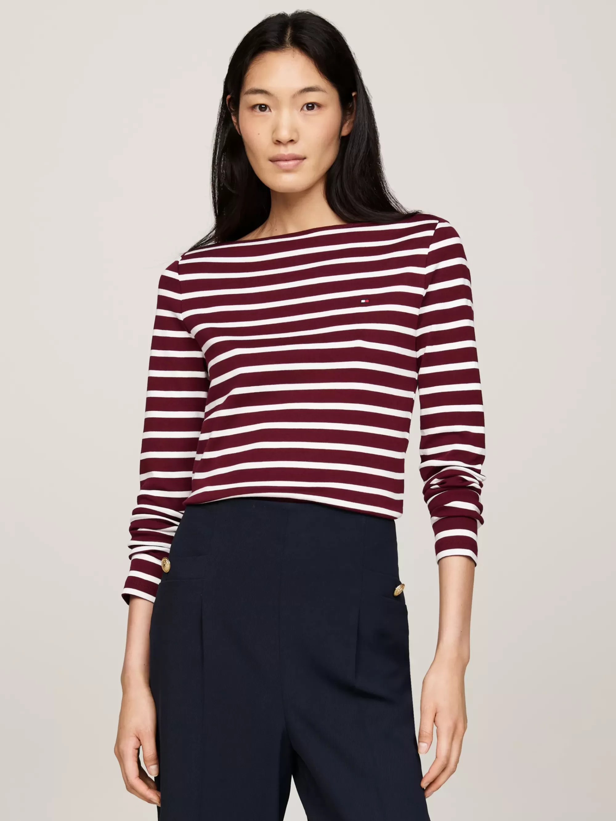 T-Shirts*Tommy Hilfiger Geribd Longsleeve Slim T-shirt BRETON STP DEEP ROUGE/ ECRU