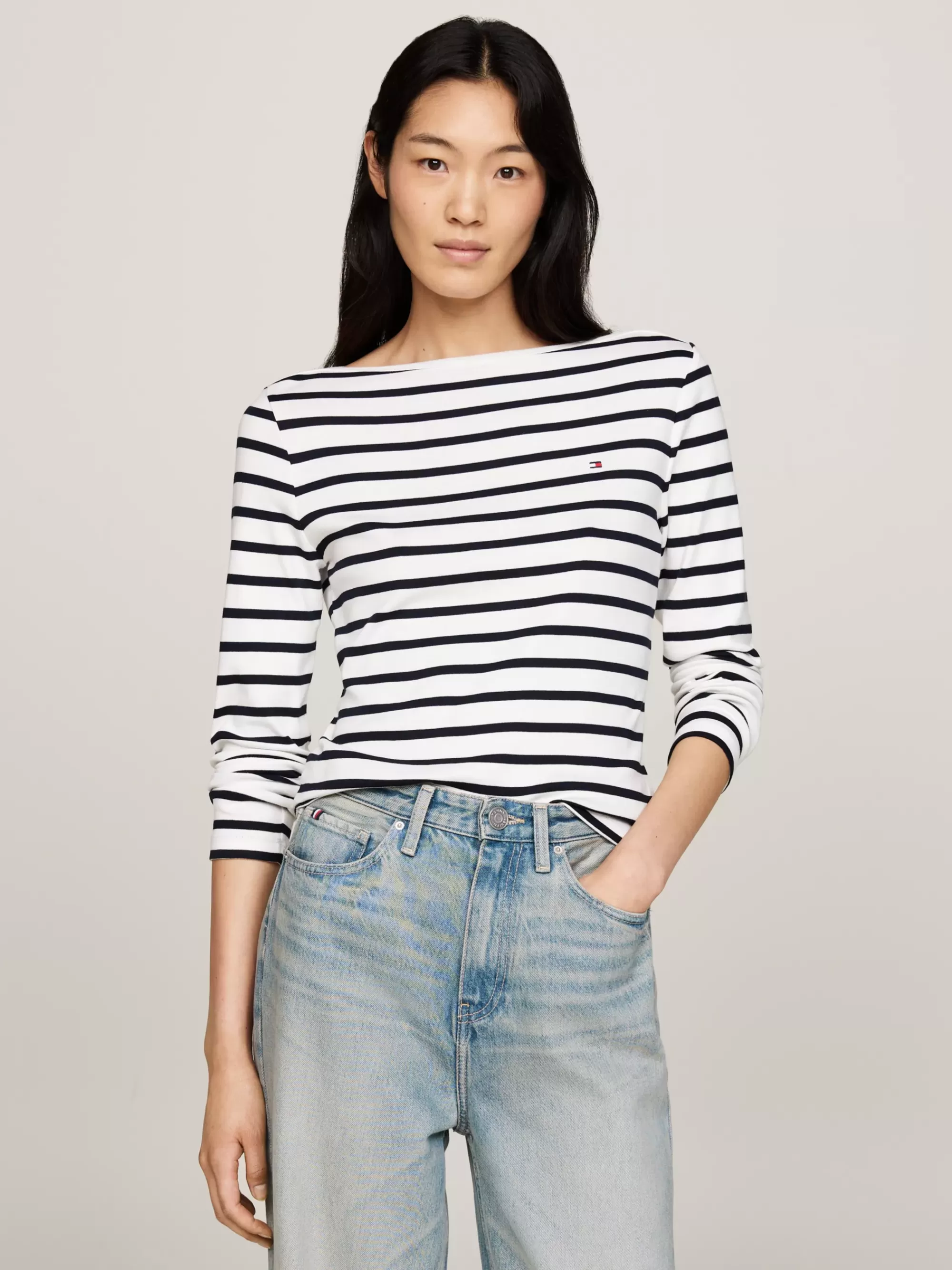 T-Shirts*Tommy Hilfiger Geribd Longsleeve Slim T-shirt BRETON ECRU/DESERT SKY