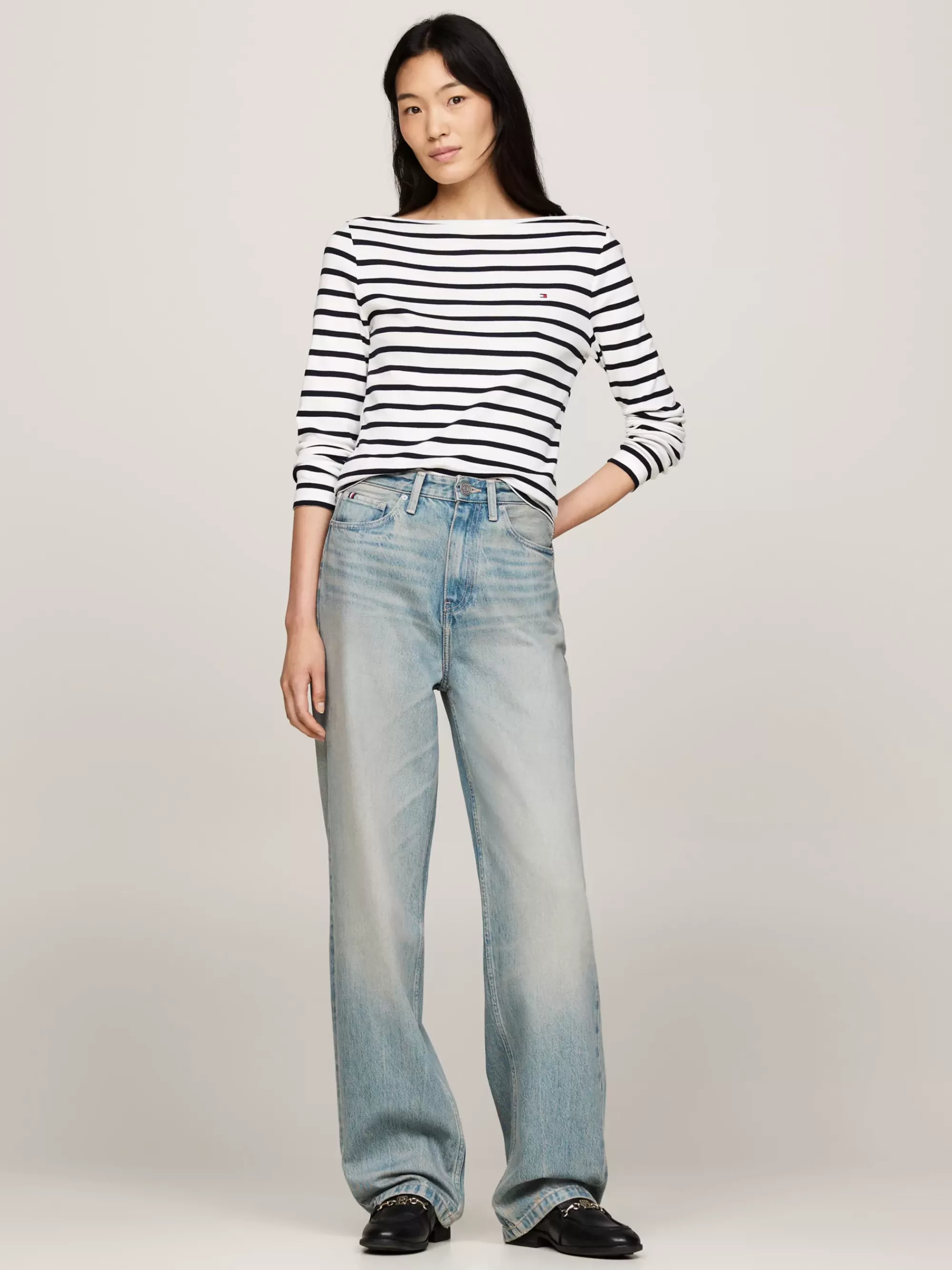 T-Shirts*Tommy Hilfiger Geribd Longsleeve Slim T-shirt BRETON ECRU/DESERT SKY