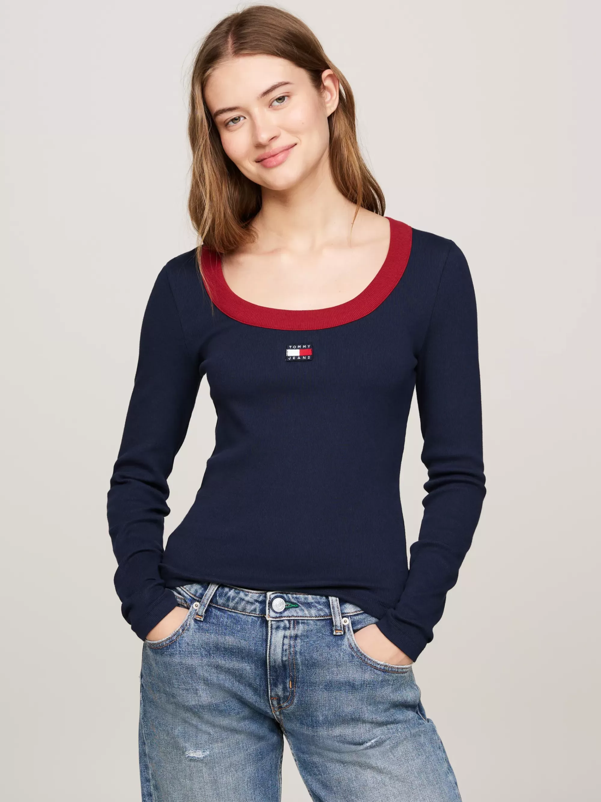 T-Shirts*Tommy Hilfiger Geribd Longsleeve T-shirt Met Diepe Hals DARK NIGHT NAVY