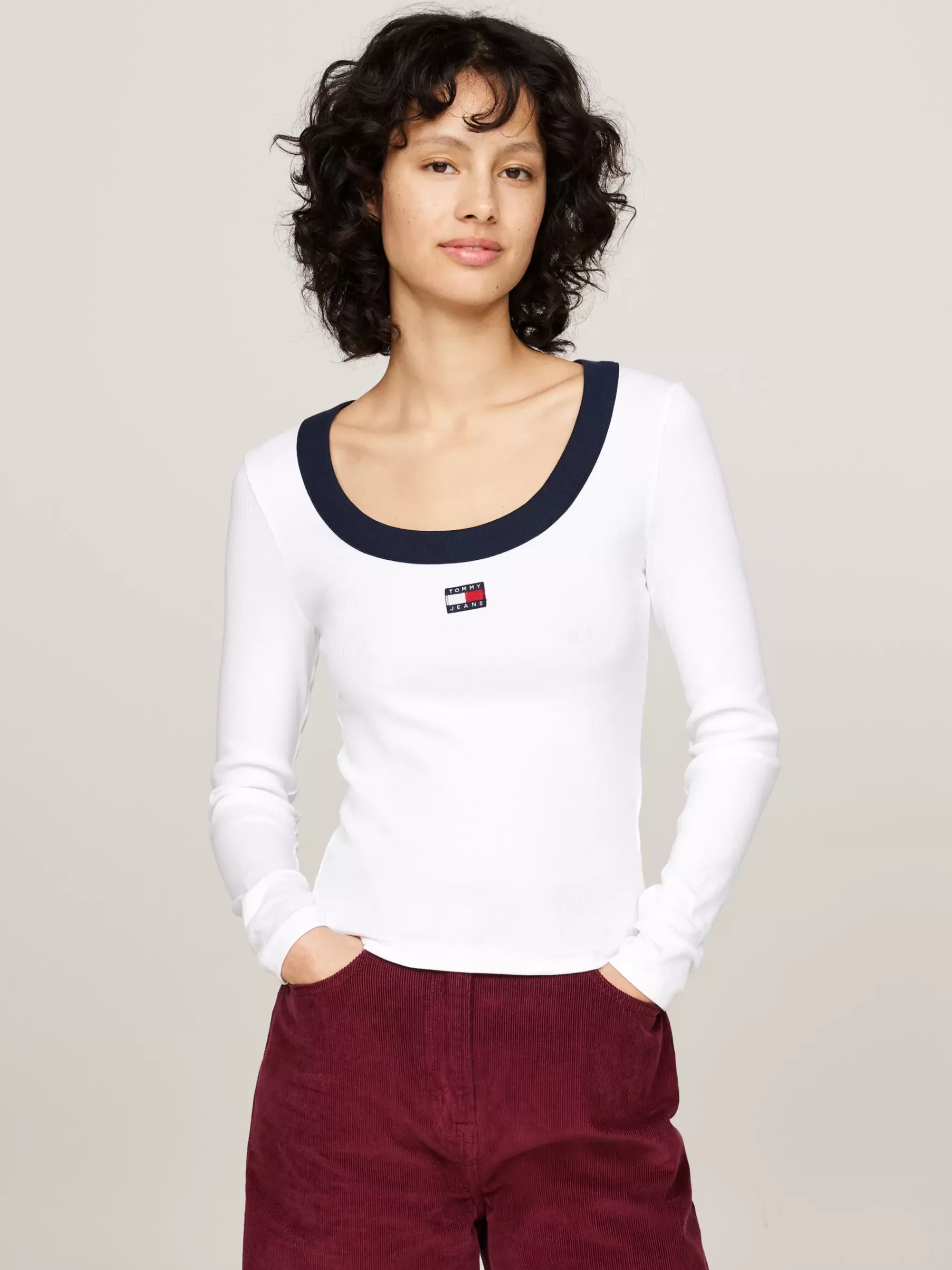 T-Shirts*Tommy Hilfiger Geribd Longsleeve T-shirt Met Diepe Hals WHITE