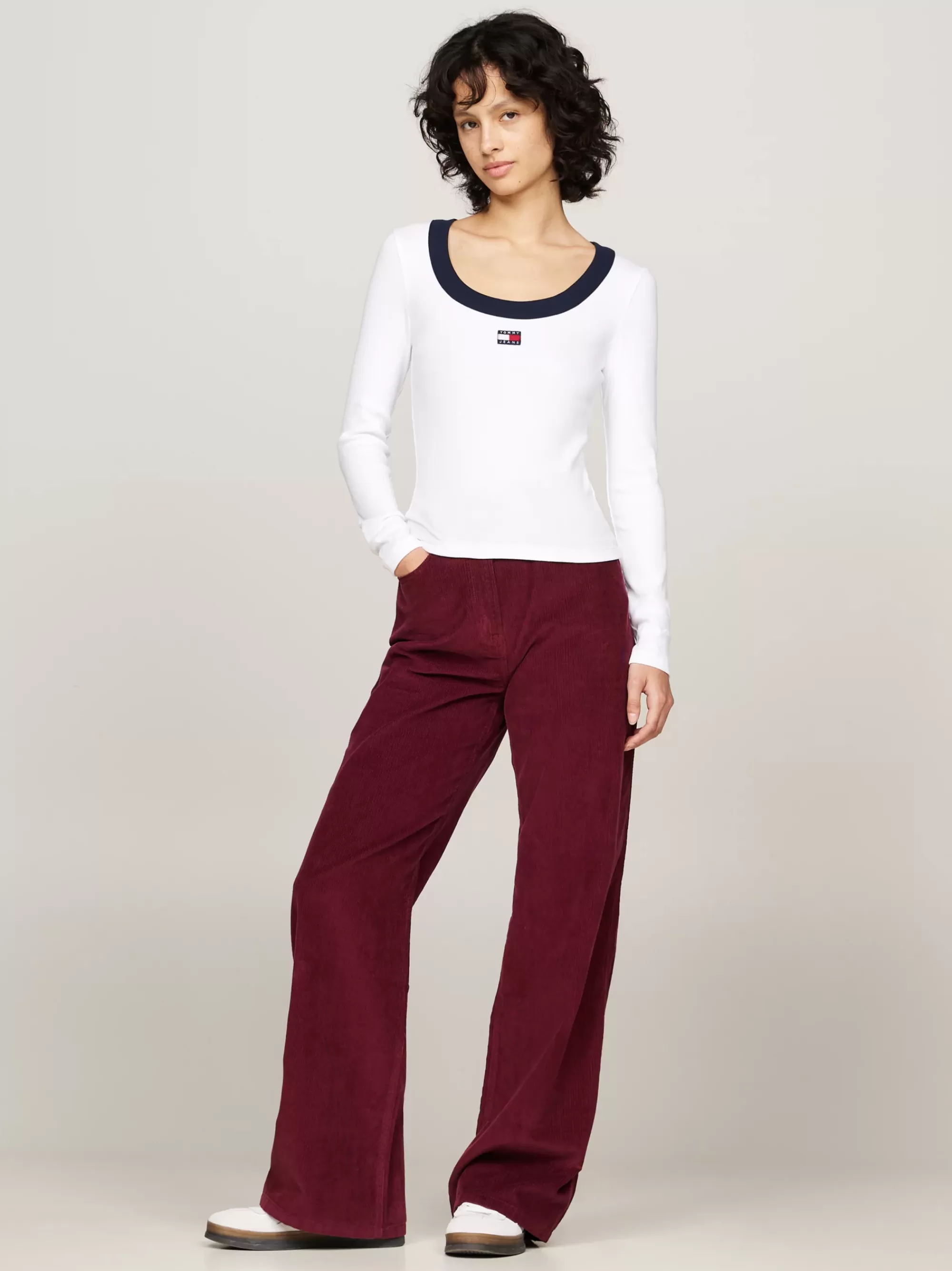 T-Shirts*Tommy Hilfiger Geribd Longsleeve T-shirt Met Diepe Hals WHITE