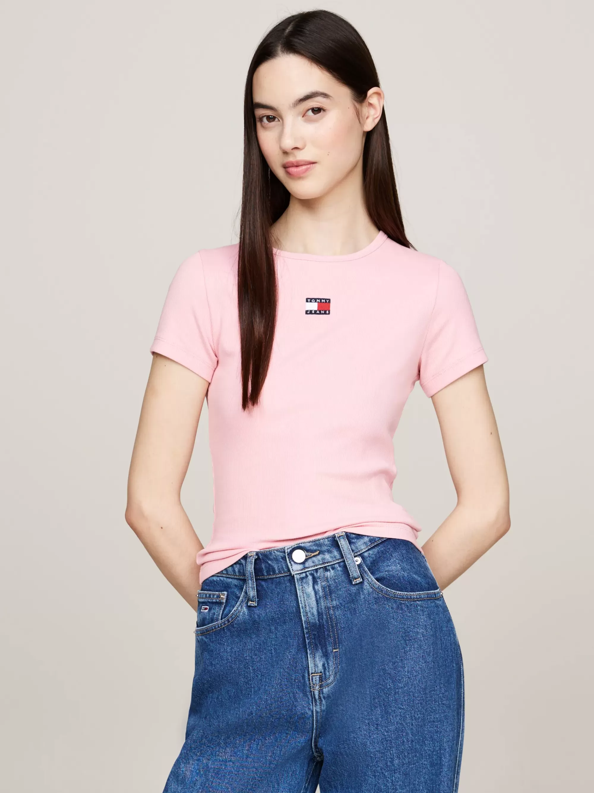 T-Shirts*Tommy Hilfiger Geribd Slim Fit T-shirt Met Tommy-badge BALLET PINK