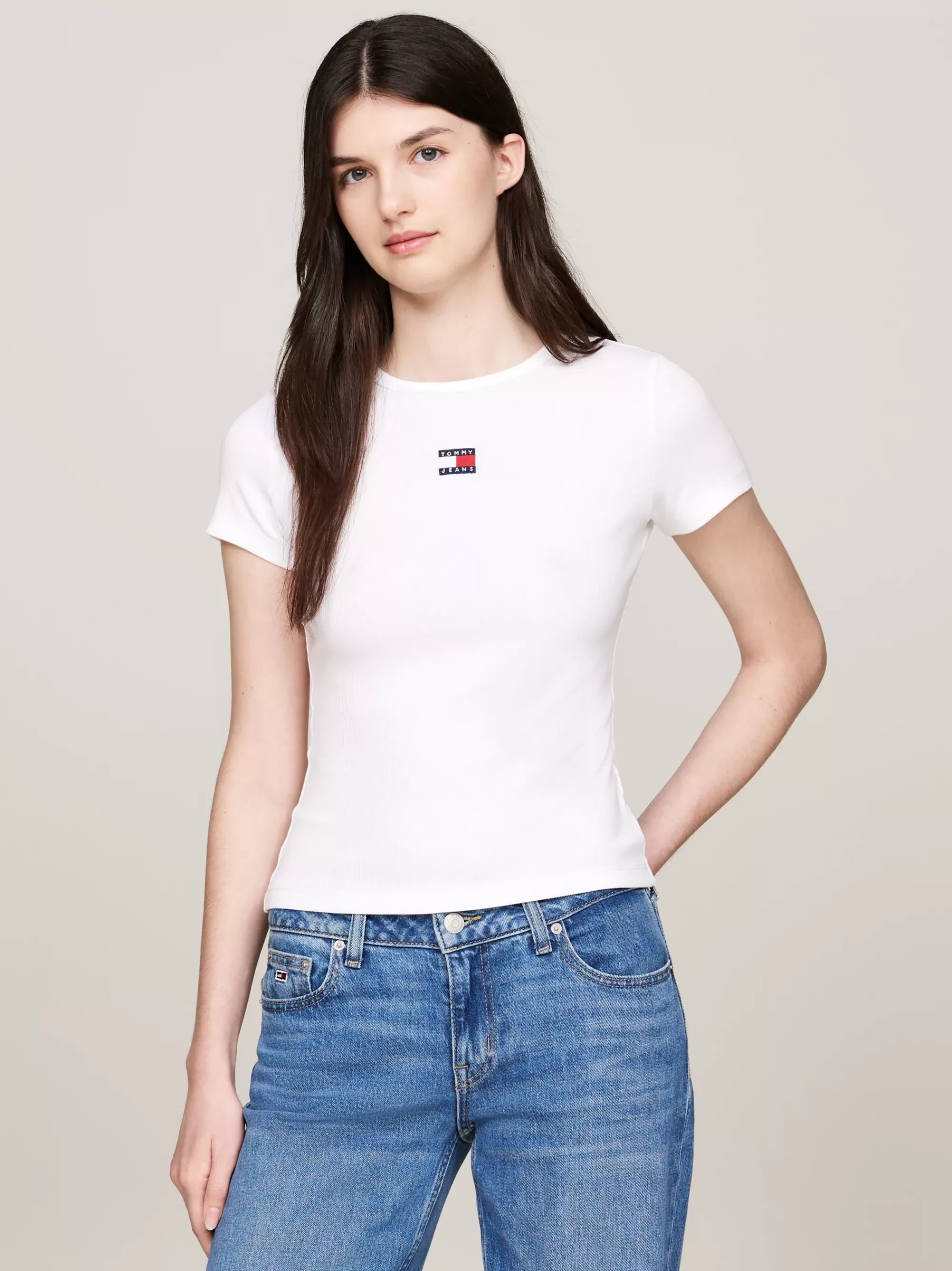 T-Shirts*Tommy Hilfiger Geribd Slim Fit T-shirt Met Tommy-badge WHITE