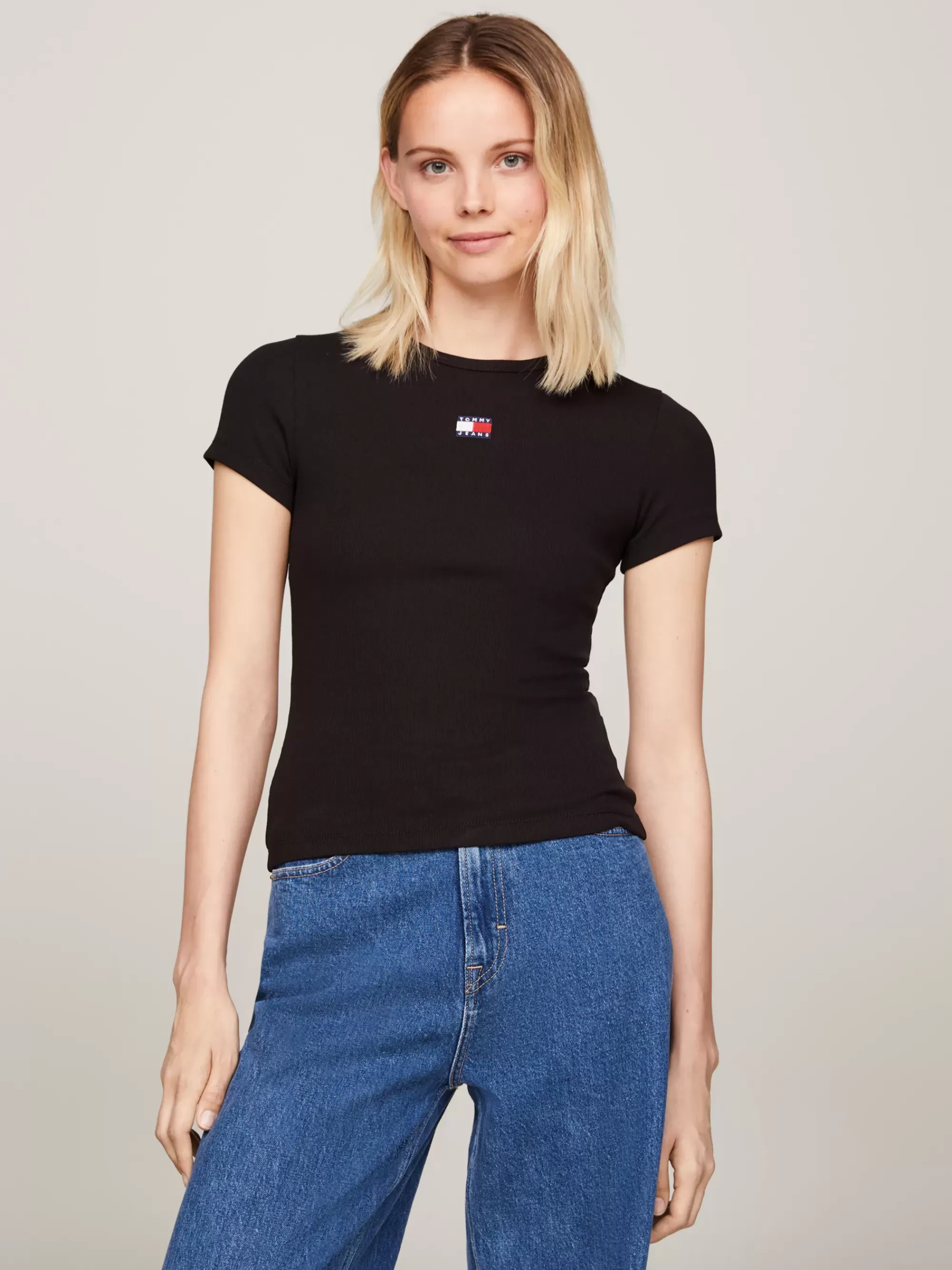 T-Shirts*Tommy Hilfiger Geribd Slim Fit T-shirt Met Tommy-badge BLACK