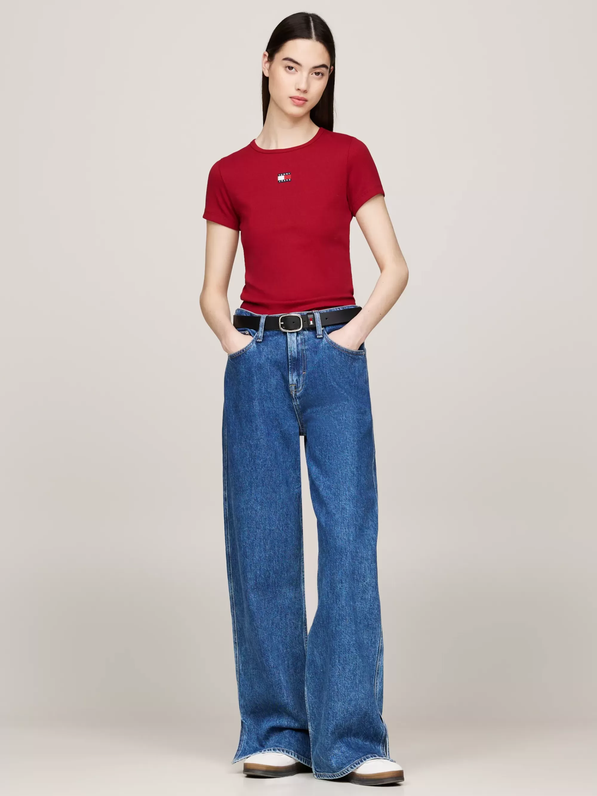 T-Shirts*Tommy Hilfiger Geribd Slim Fit T-shirt Met Tommy-badge REGATTA RED