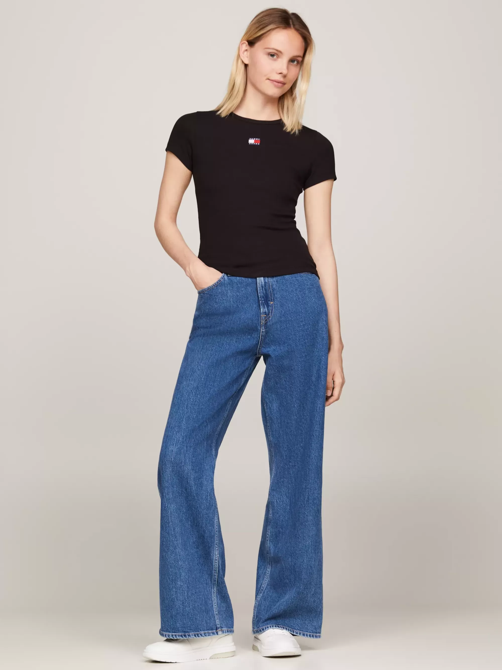T-Shirts*Tommy Hilfiger Geribd Slim Fit T-shirt Met Tommy-badge BLACK
