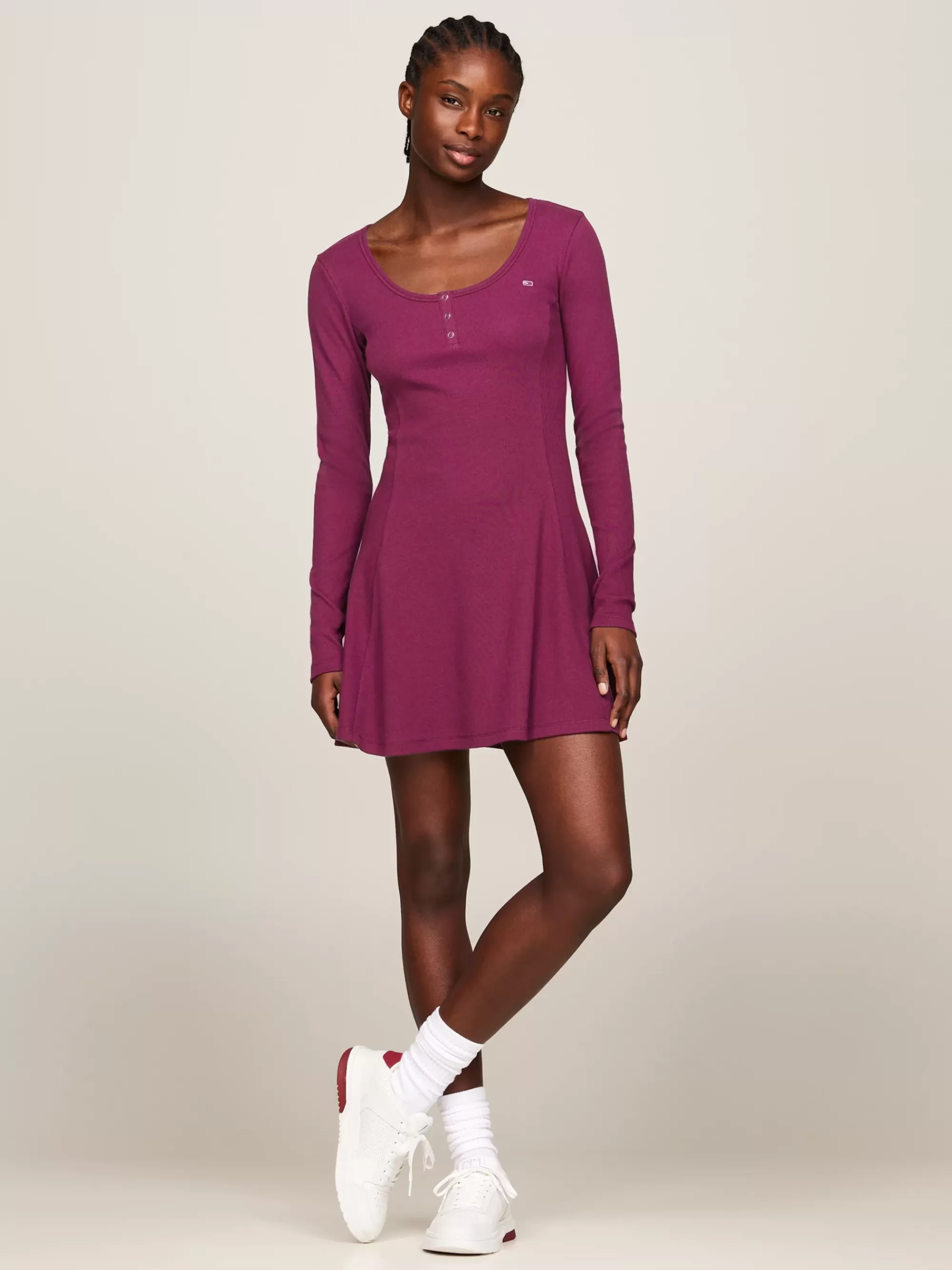 Jurken*Tommy Hilfiger Geribde Fit And Flare Jurk Met Henley-hals VALLEY GRAPE