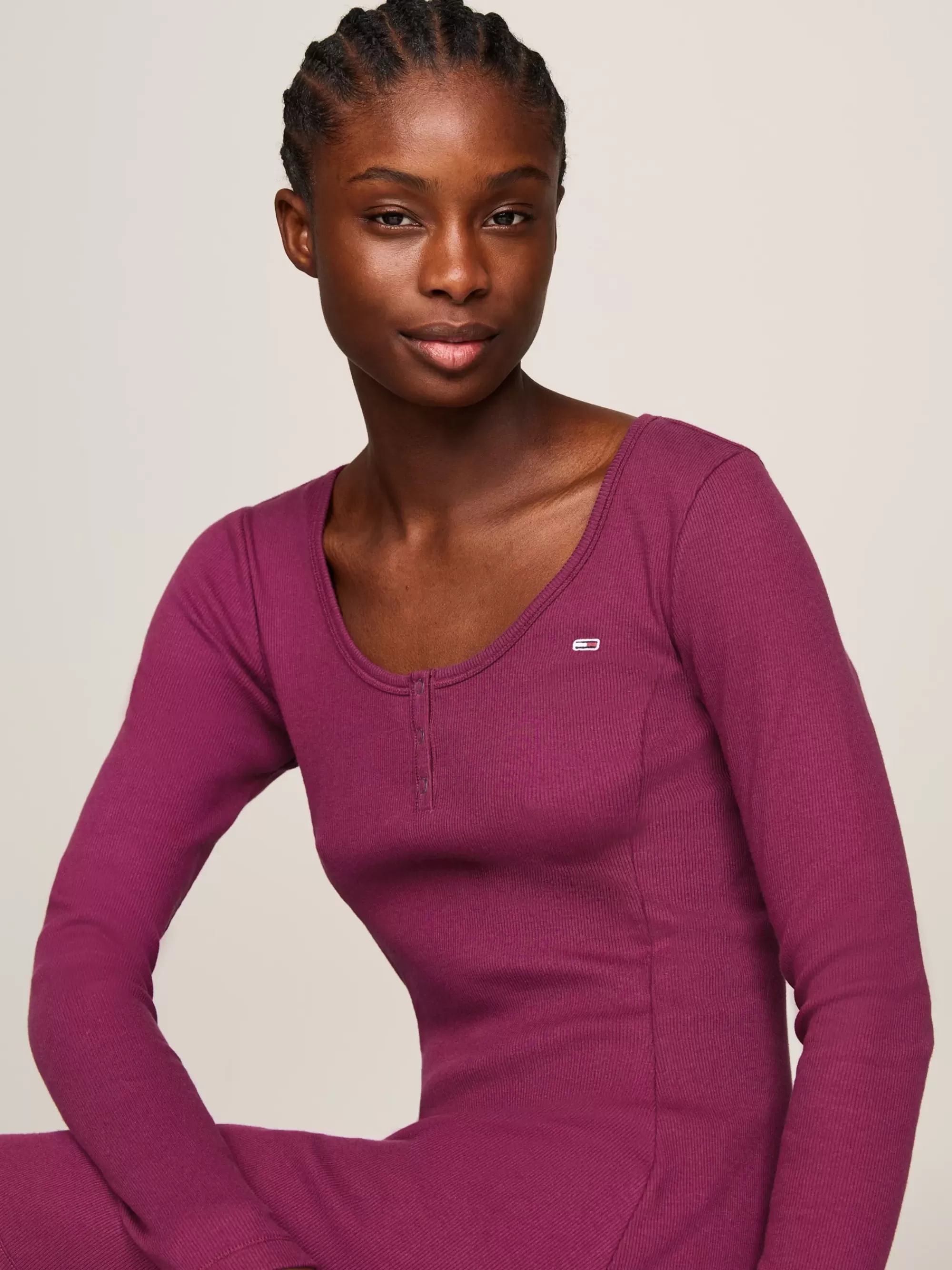 Jurken*Tommy Hilfiger Geribde Fit And Flare Jurk Met Henley-hals VALLEY GRAPE