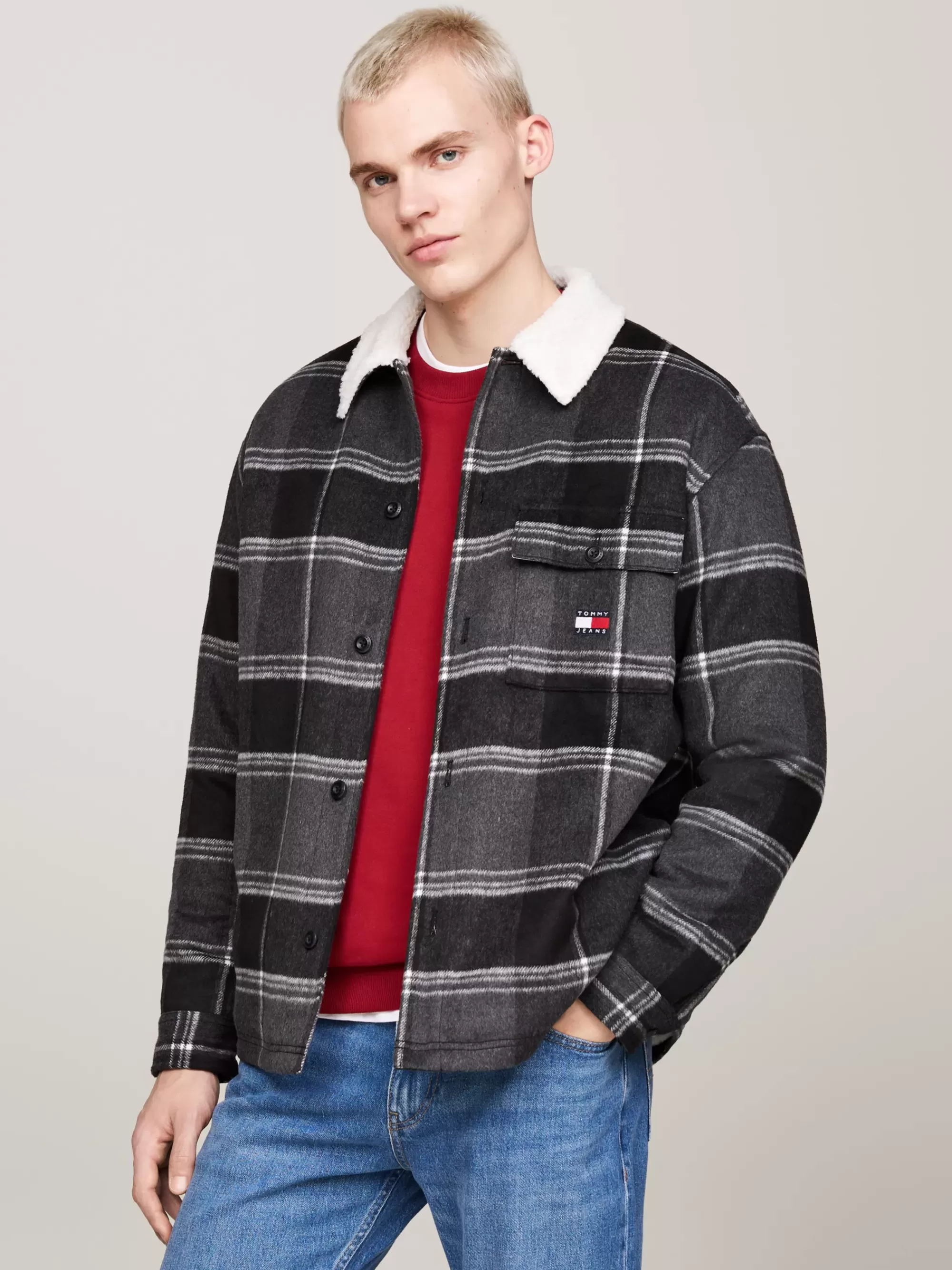 Overhemden*Tommy Hilfiger Geruit Casual Overshirt Met Sherpakraag BLACK CHECK