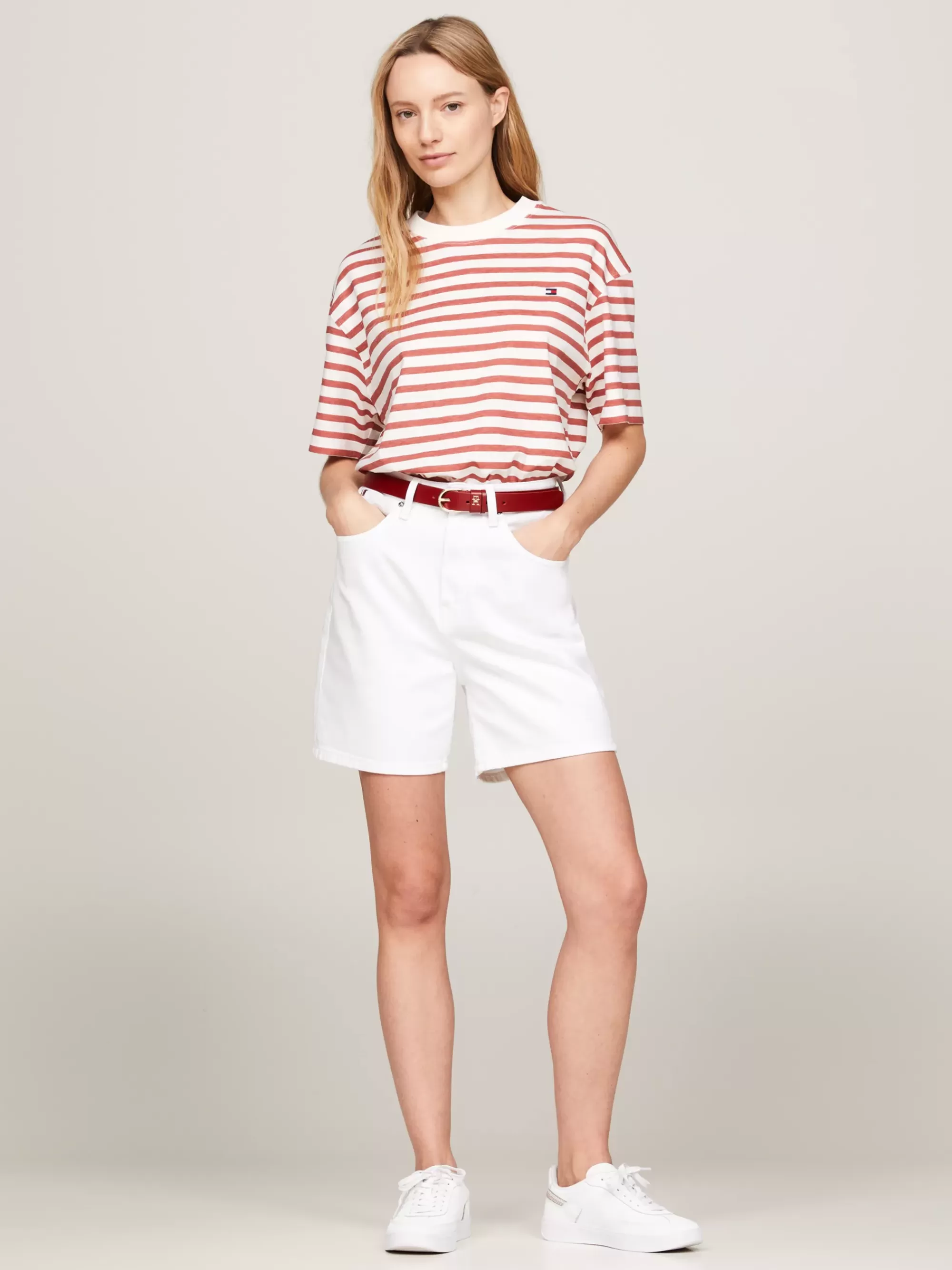 T-Shirts*Tommy Hilfiger Gestreept Relaxed Fit T-shirt REG STP ANCIENT WHITE/ TERRA RED