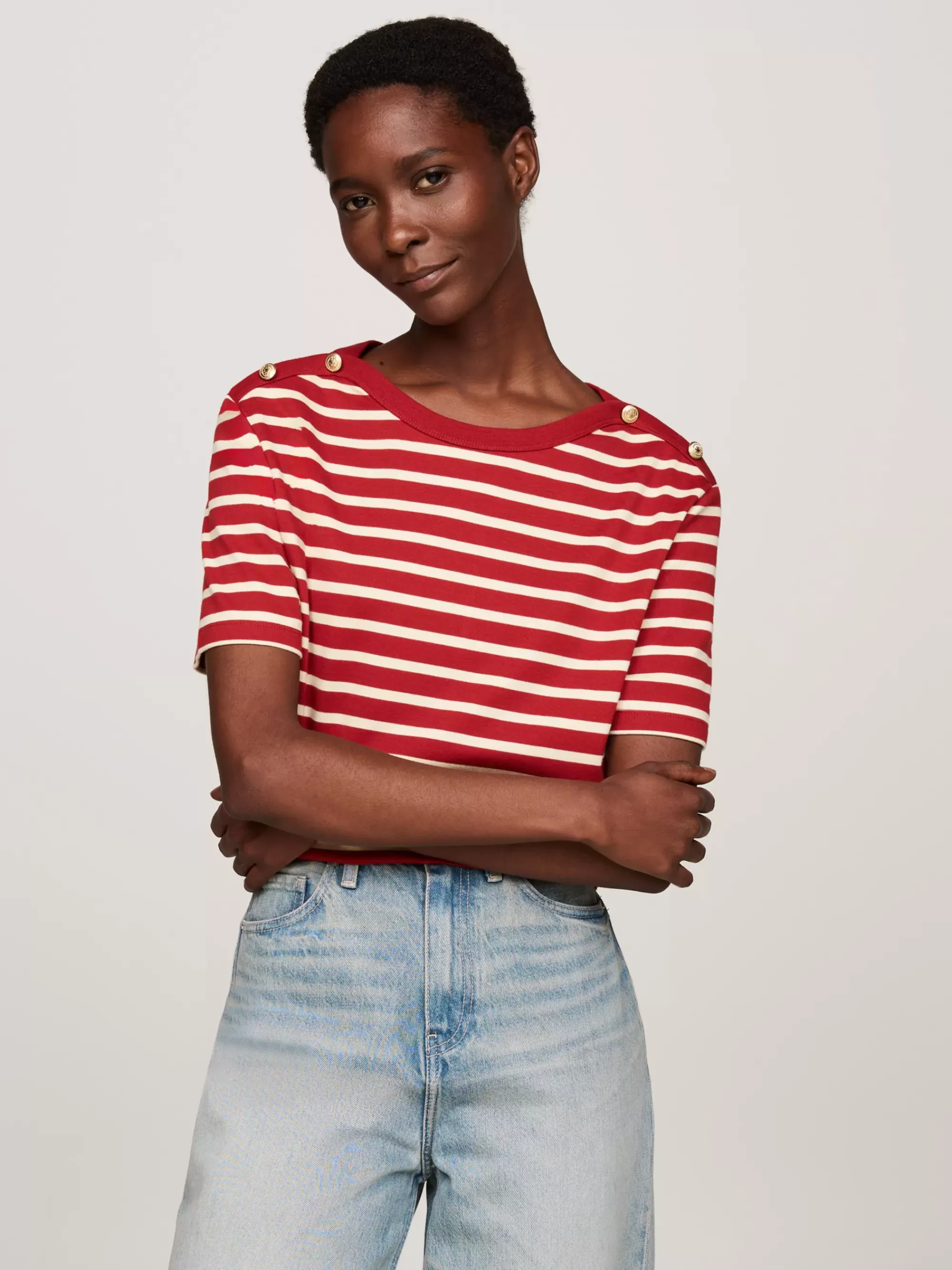 T-Shirts*Tommy Hilfiger Gestreept Relaxed Fit T-shirt Met Boothals BRETON STP MAGMA/ COUNTRY IVORY