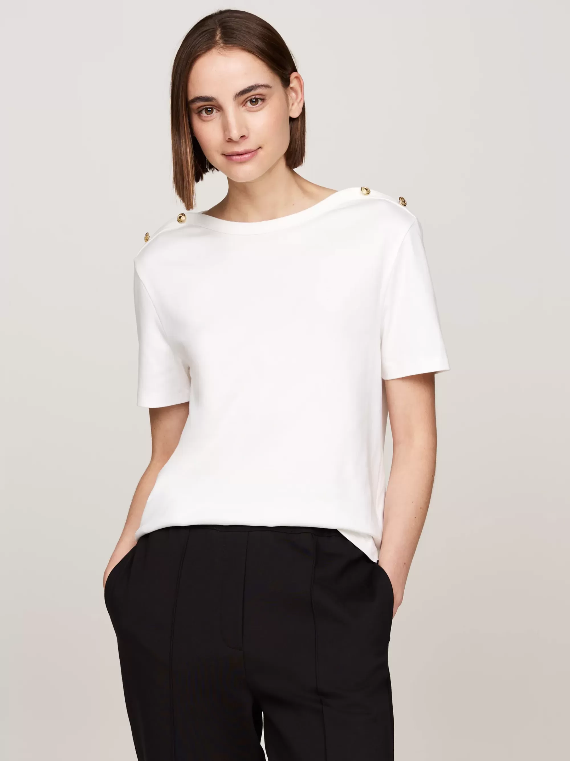 T-Shirts*Tommy Hilfiger Gestreept Relaxed Fit T-shirt Met Boothals ECRU