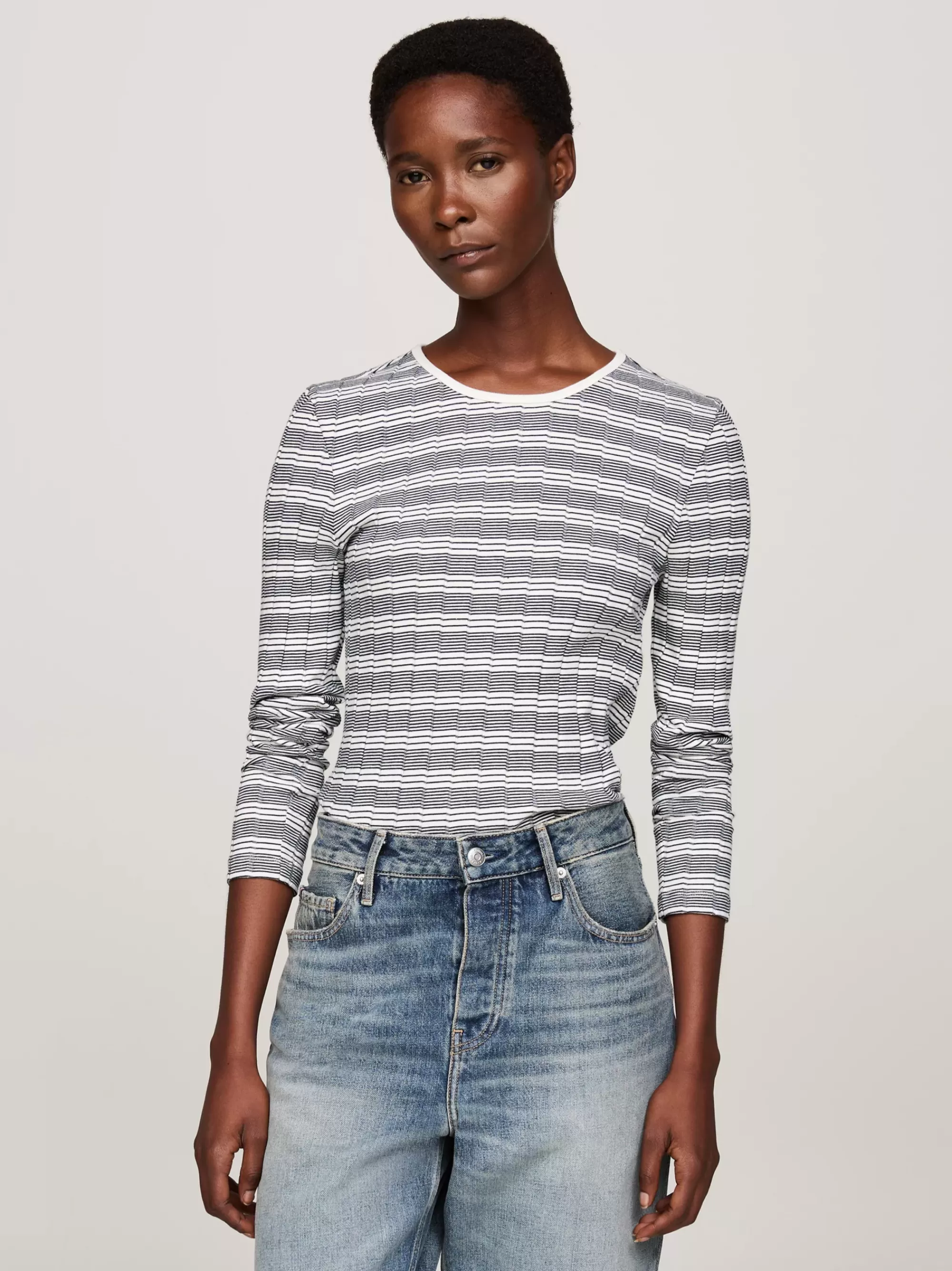 T-Shirts*Tommy Hilfiger Gestreept Slim Fit Longsleeve T-shirt TEXTURED STP/ WHITE/ DESERT SKY