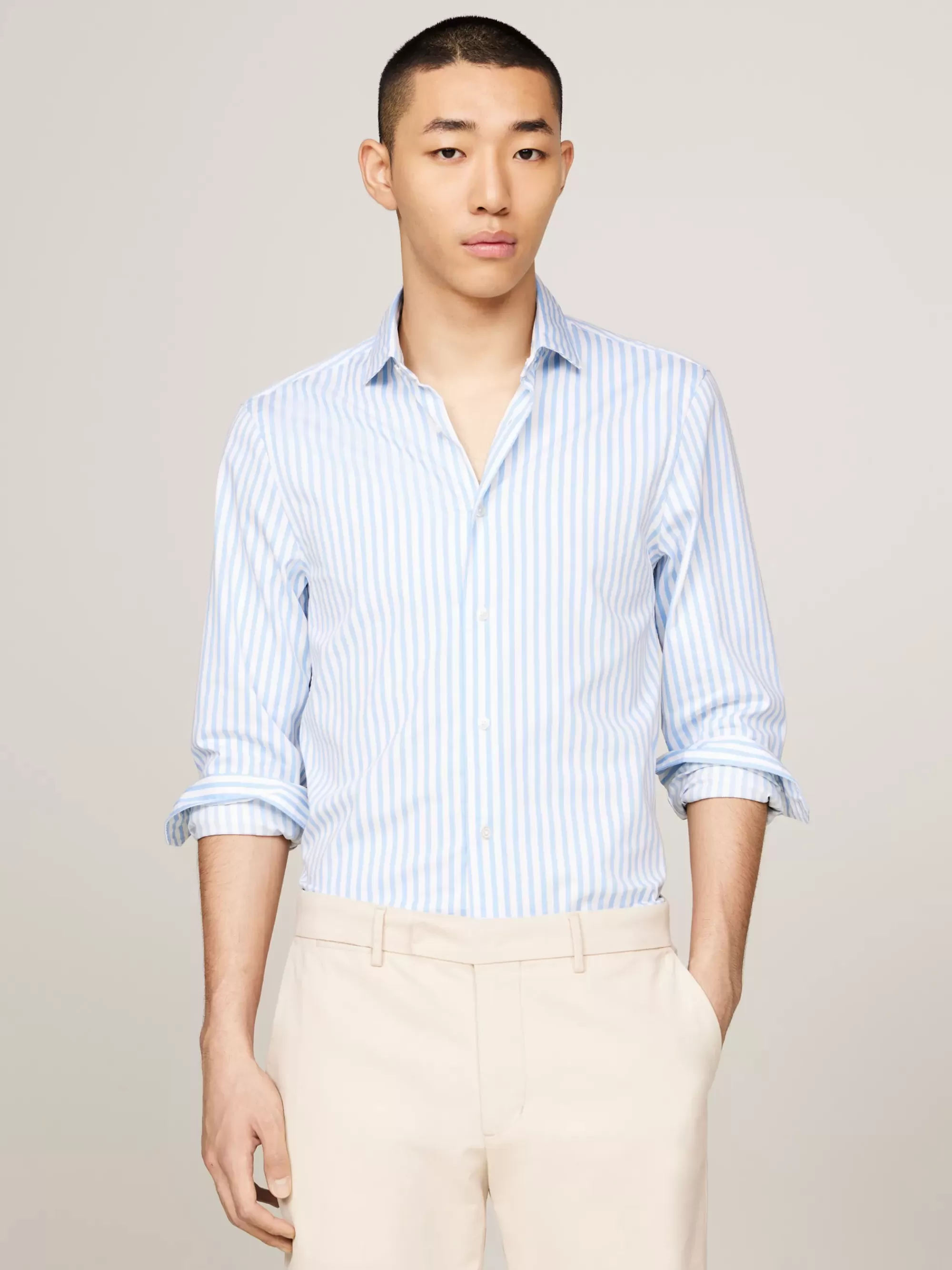 Overhemden*Tommy Hilfiger Gestreept Slim Fit Overhemd Met TH Flex VESSEL BLUE/OPTIC WHITE