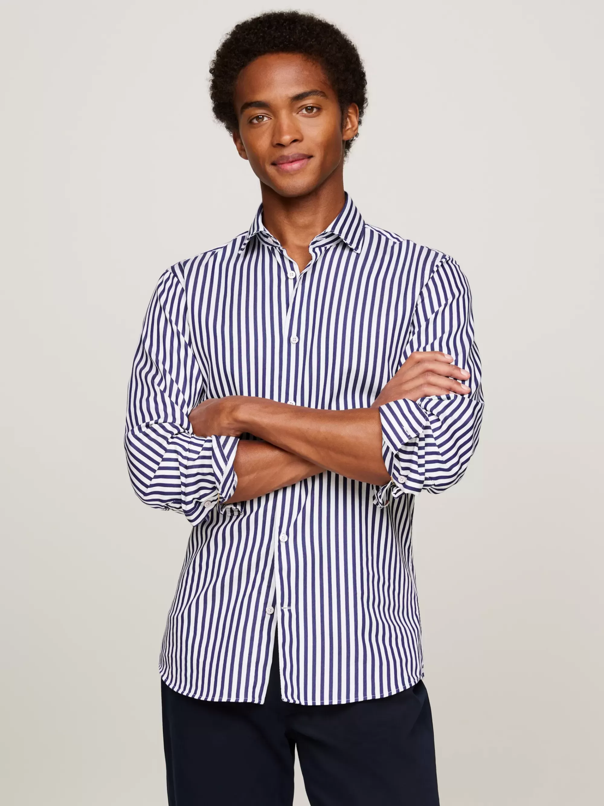 Overhemden*Tommy Hilfiger Gestreept Slim Fit Overhemd Met TH Flex DARK NAVY / OPTIC WHITE