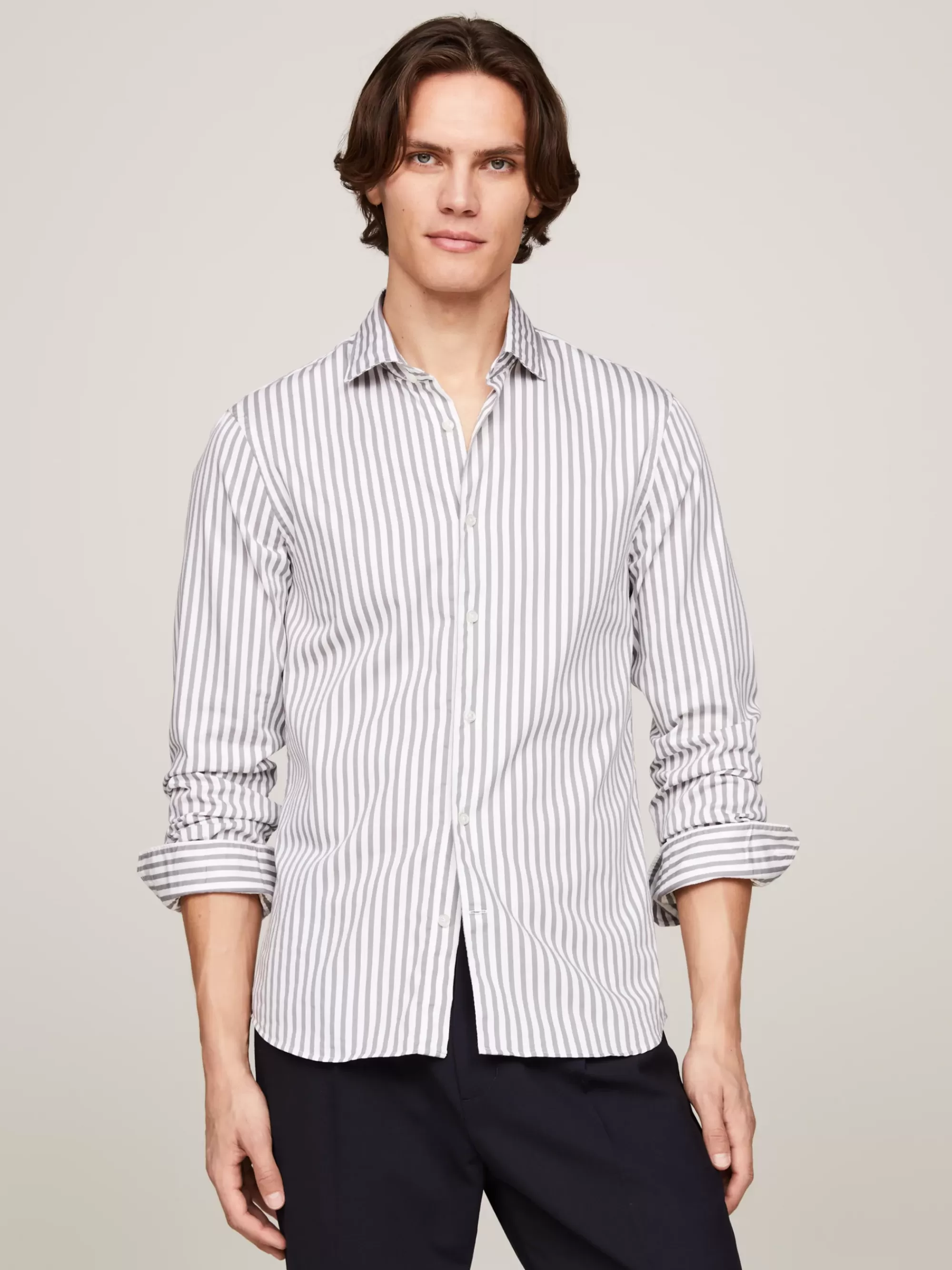 Overhemden*Tommy Hilfiger Gestreept Slim Fit Overhemd Met TH Flex TURBINE GREY / OPTIC WHITE