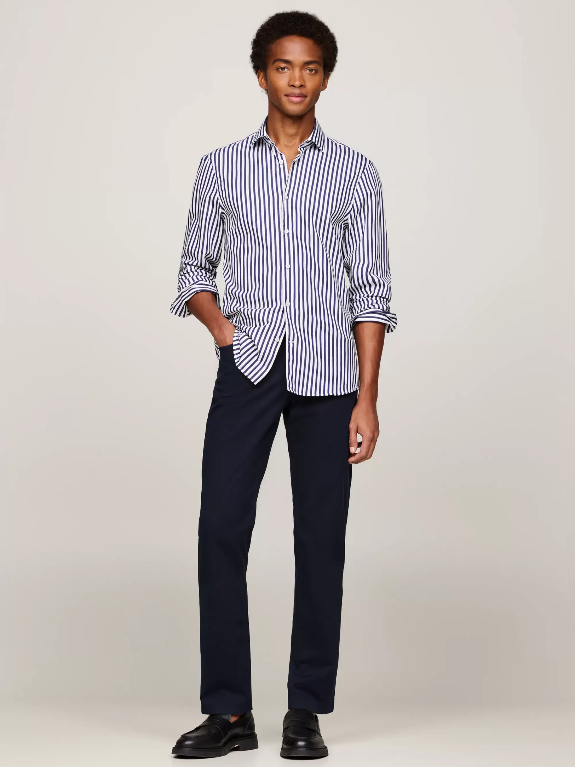 Overhemden*Tommy Hilfiger Gestreept Slim Fit Overhemd Met TH Flex DARK NAVY / OPTIC WHITE