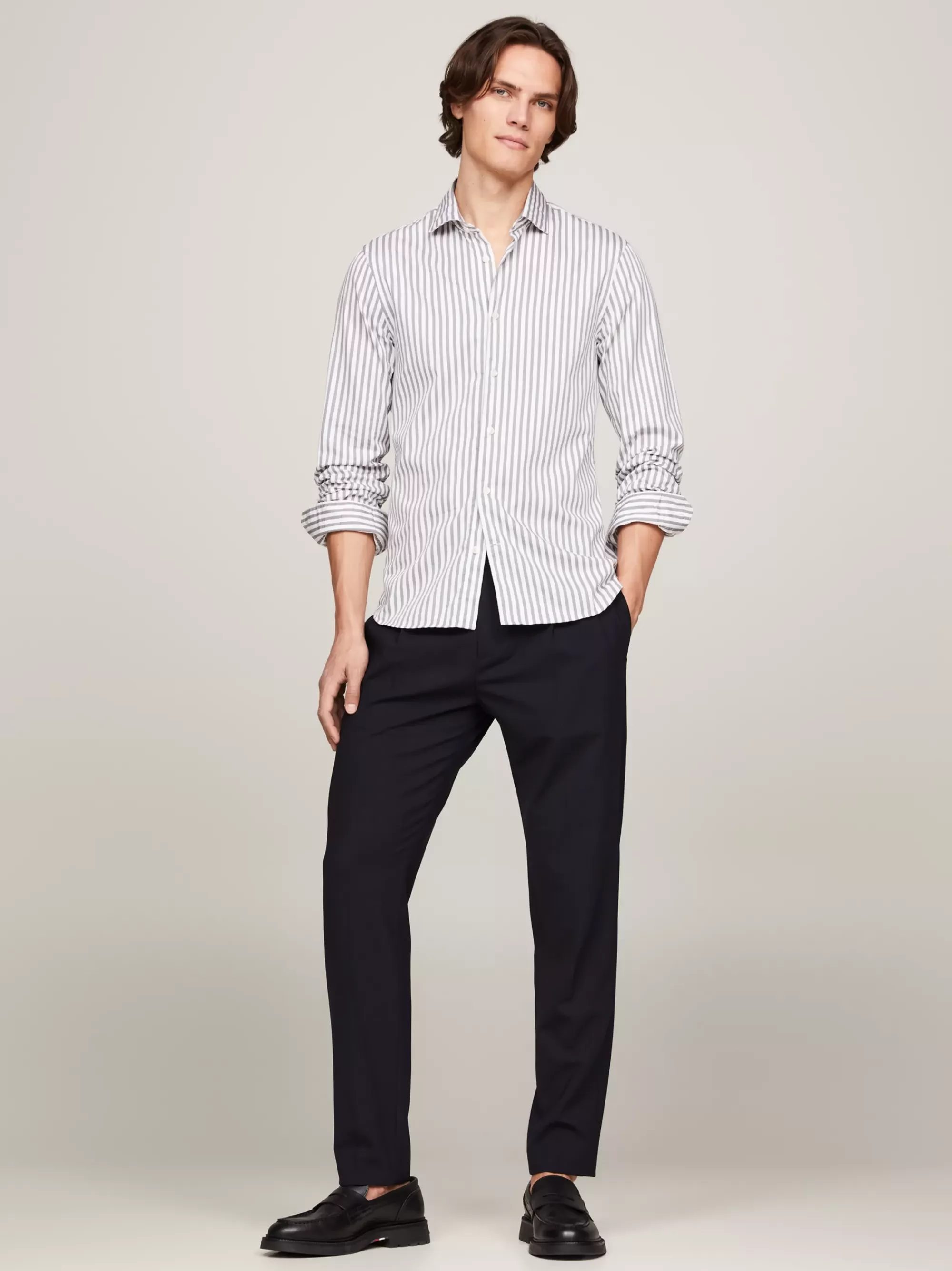 Overhemden*Tommy Hilfiger Gestreept Slim Fit Overhemd Met TH Flex TURBINE GREY / OPTIC WHITE