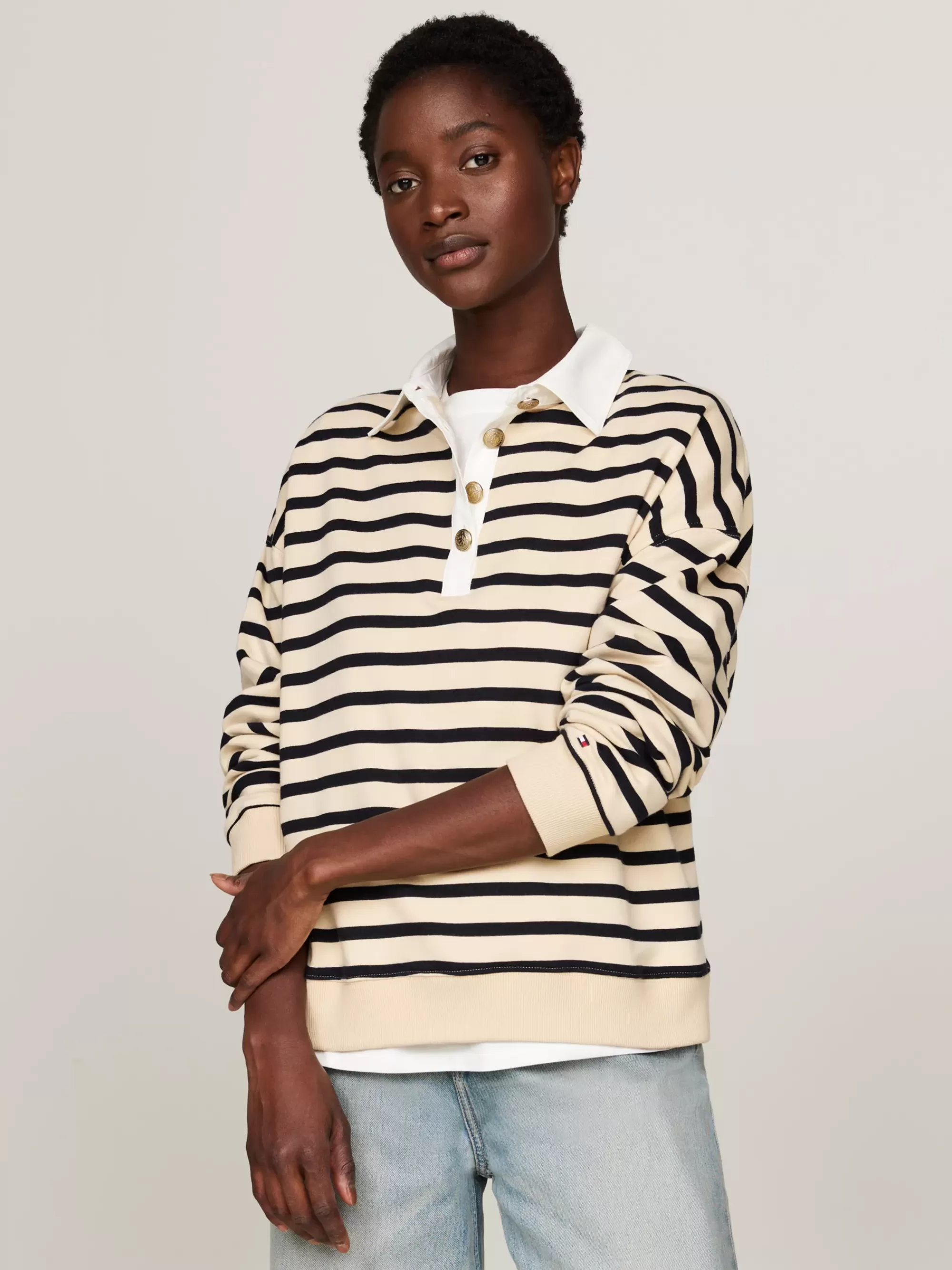 Sweatshirts & Hoodies*Tommy Hilfiger Gestreepte Polo Met Goudkleurige Knopen BRETON STP COUNTRY IVORY/DESERT SKY