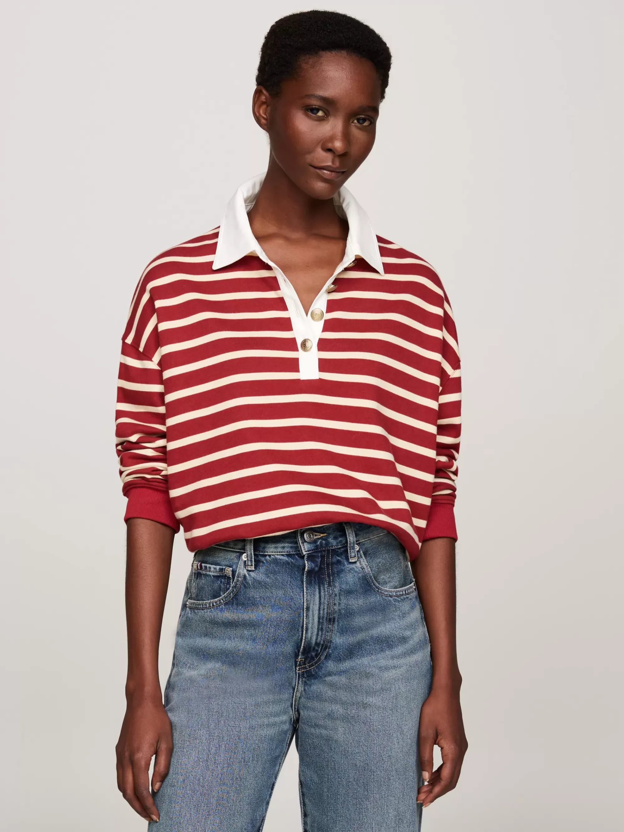 Sweatshirts & Hoodies*Tommy Hilfiger Gestreepte Polo Met Goudkleurige Knopen BRETON STP MAGMA/ COUNTRY IVORY